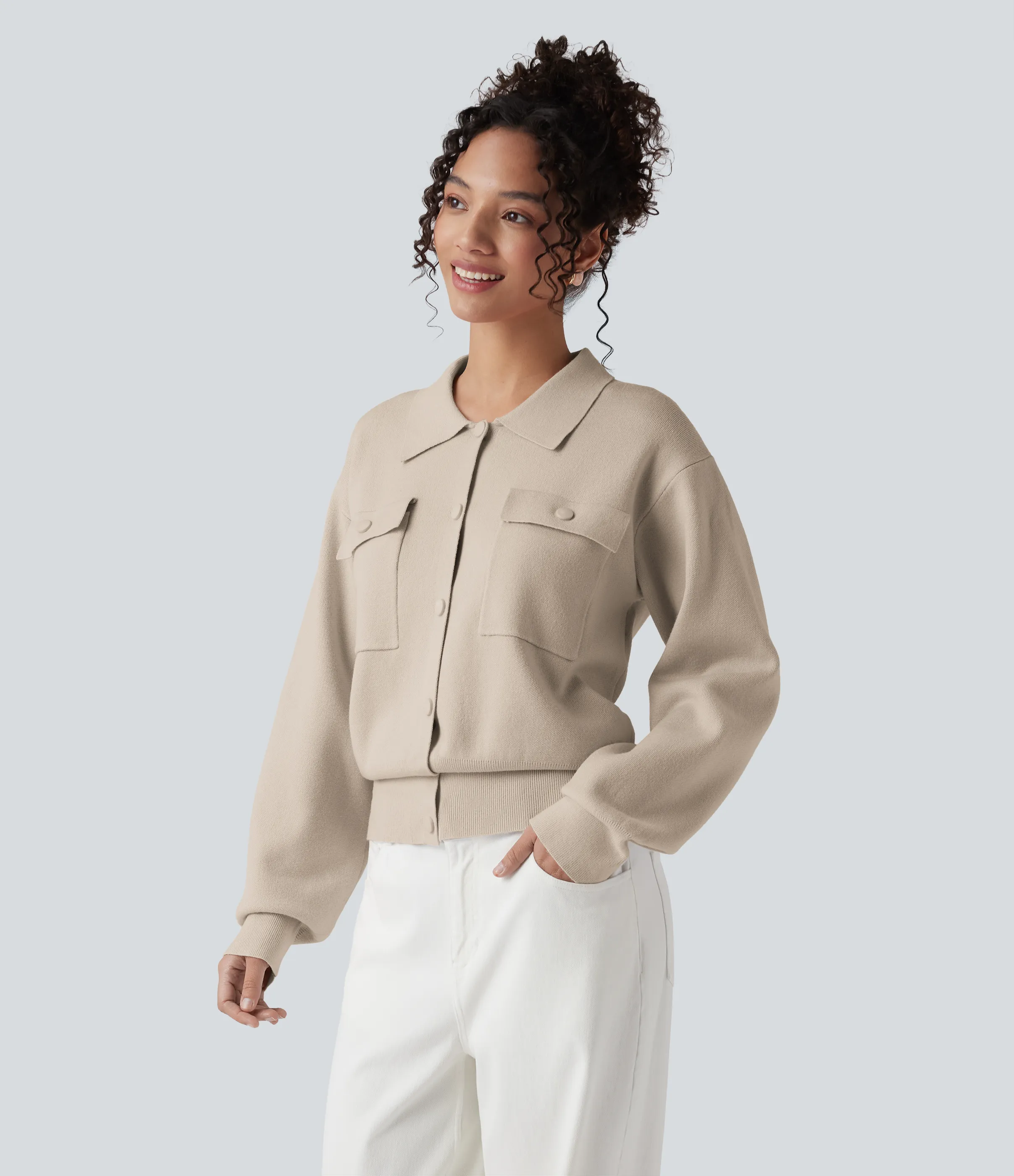 Halara Suéter manga larga cuello abotonado bolsillo pecho - Cement - XL sold by Halara product image thumbnail 4