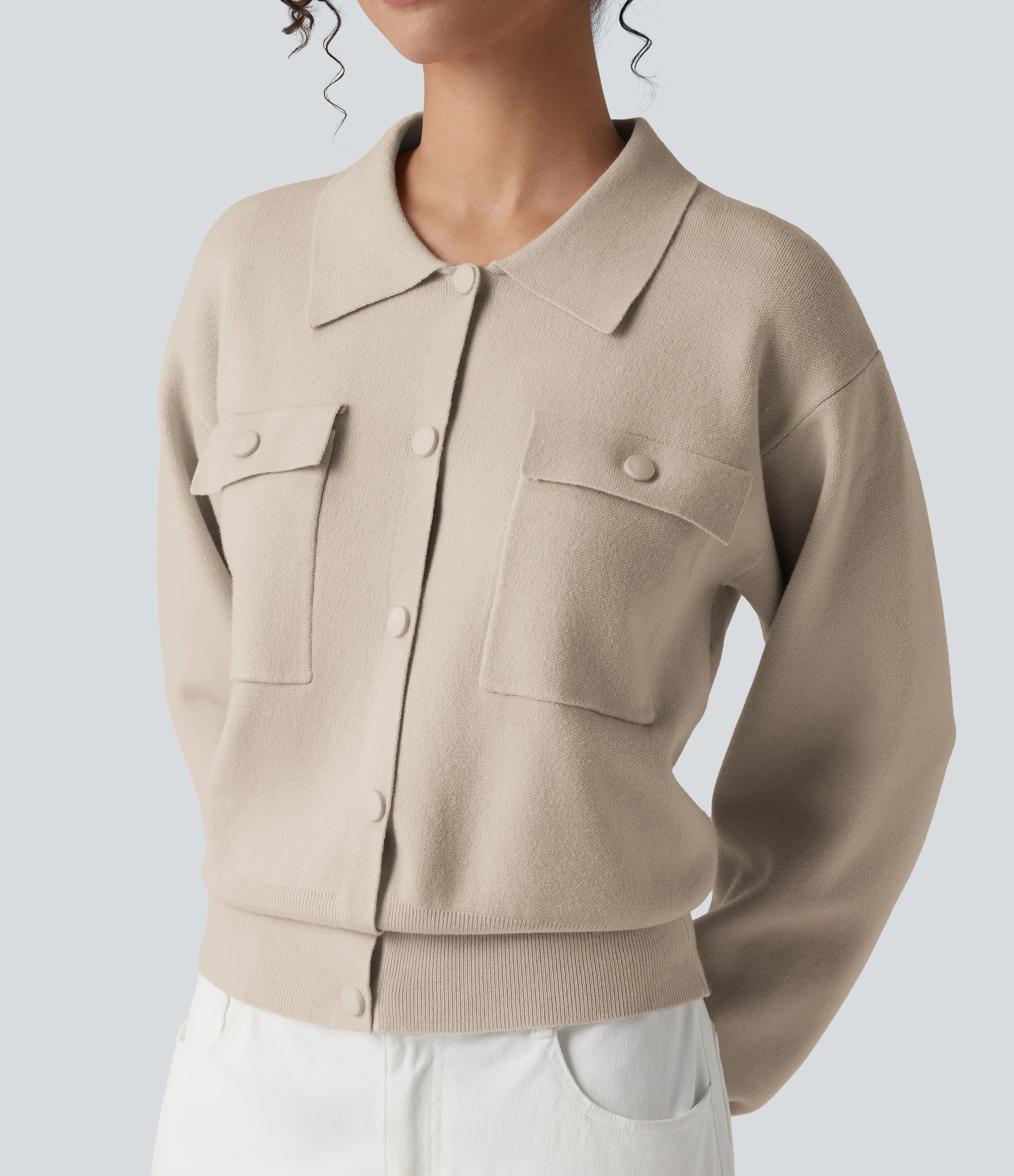 Halara Suéter manga larga cuello abotonado bolsillo pecho - Cement - XL sold by Halara product image thumbnail 5