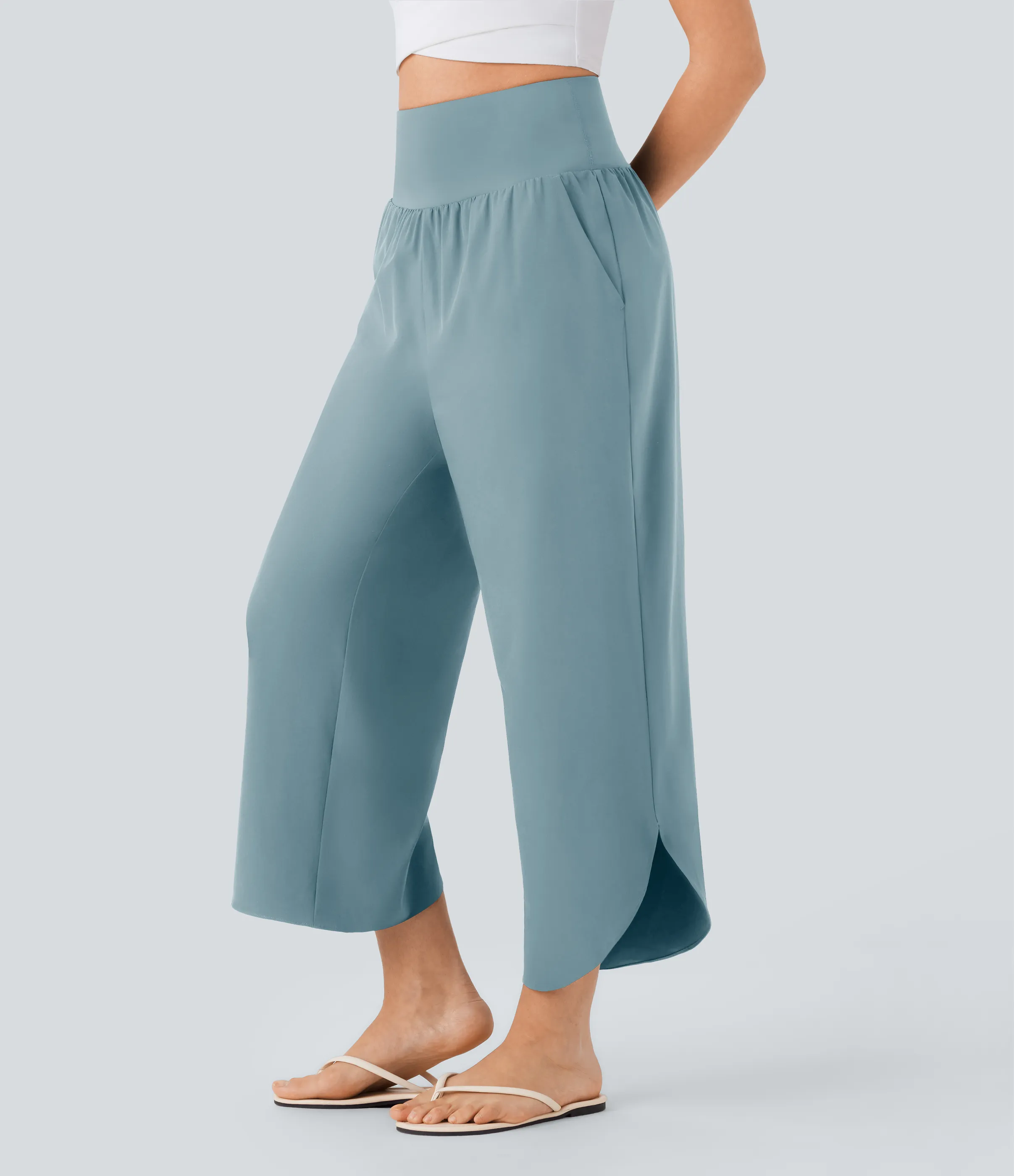 Halara Pantalón SoCinched resort secado rápido dobladillo dividido bolsillo lateral control abdomen tiro alto - Stone Blue - XS(regular) sold by Halara product image thumbnail 2