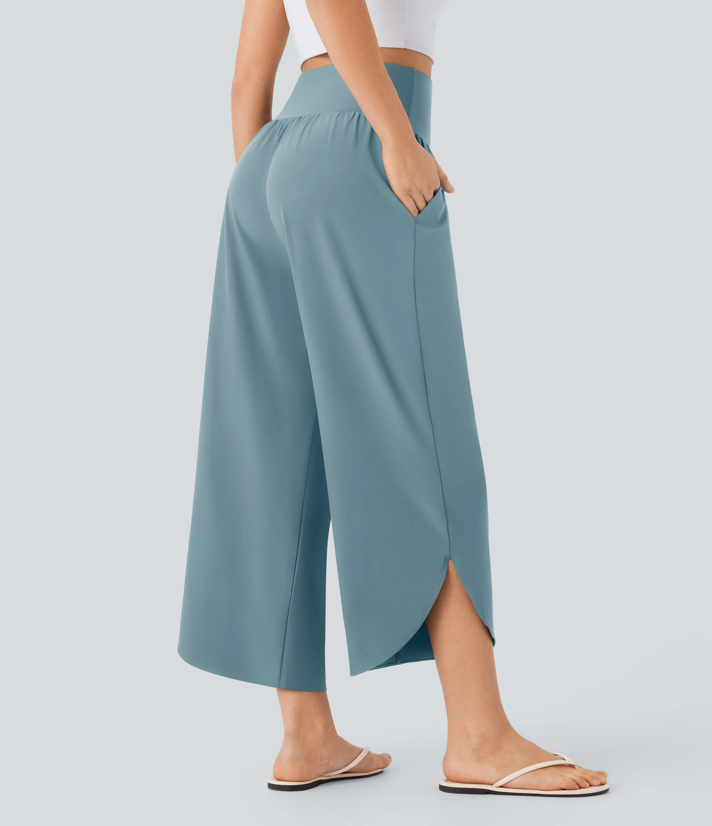 Halara Pantalón SoCinched resort secado rápido dobladillo dividido bolsillo lateral control abdomen tiro alto - Stone Blue - XS(regular) sold by Halara product image thumbnail 3