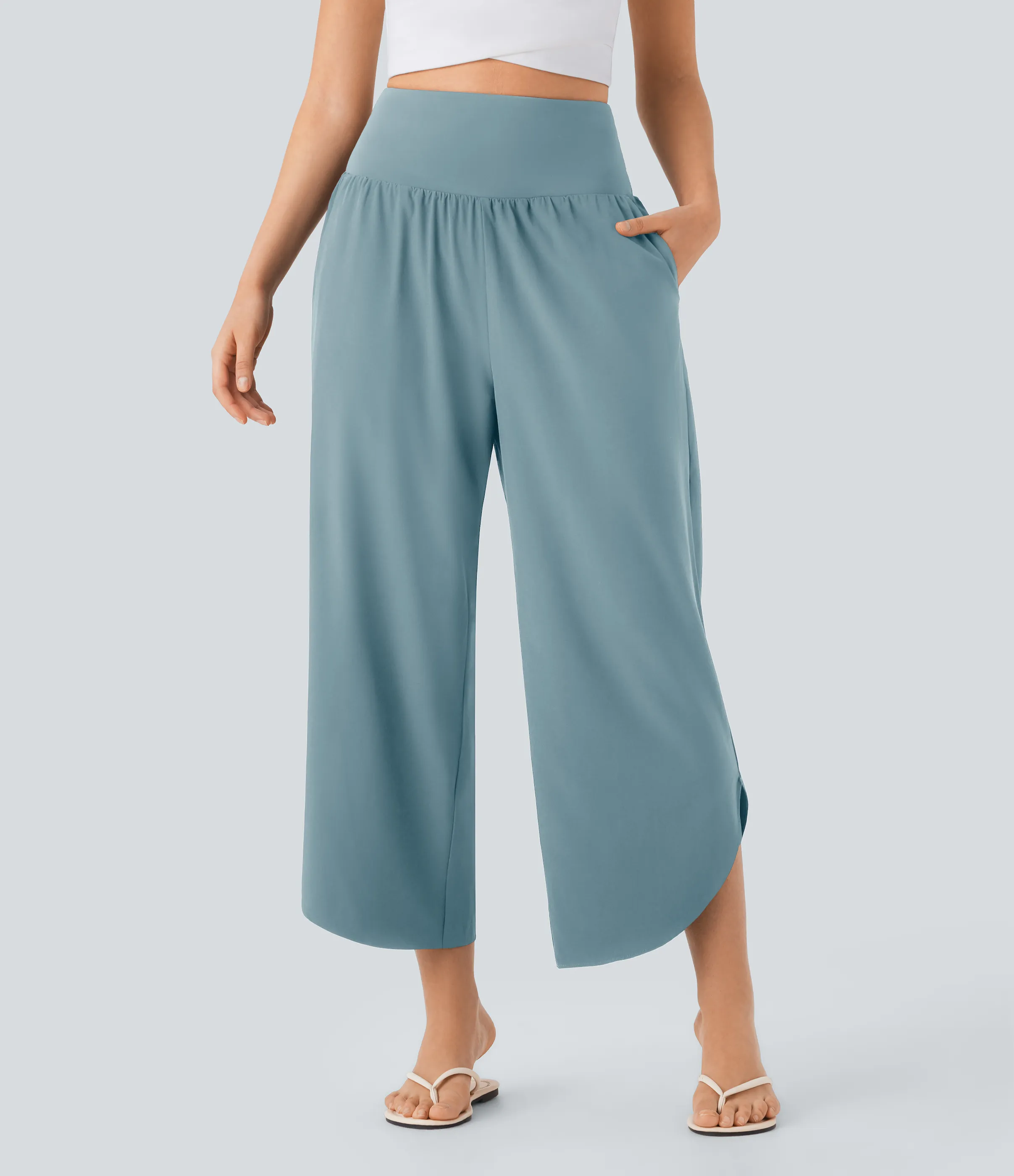 Halara Pantalón SoCinched resort secado rápido dobladillo dividido bolsillo lateral control abdomen tiro alto - Stone Blue - XS(regular) sold by Halara product image thumbnail 4