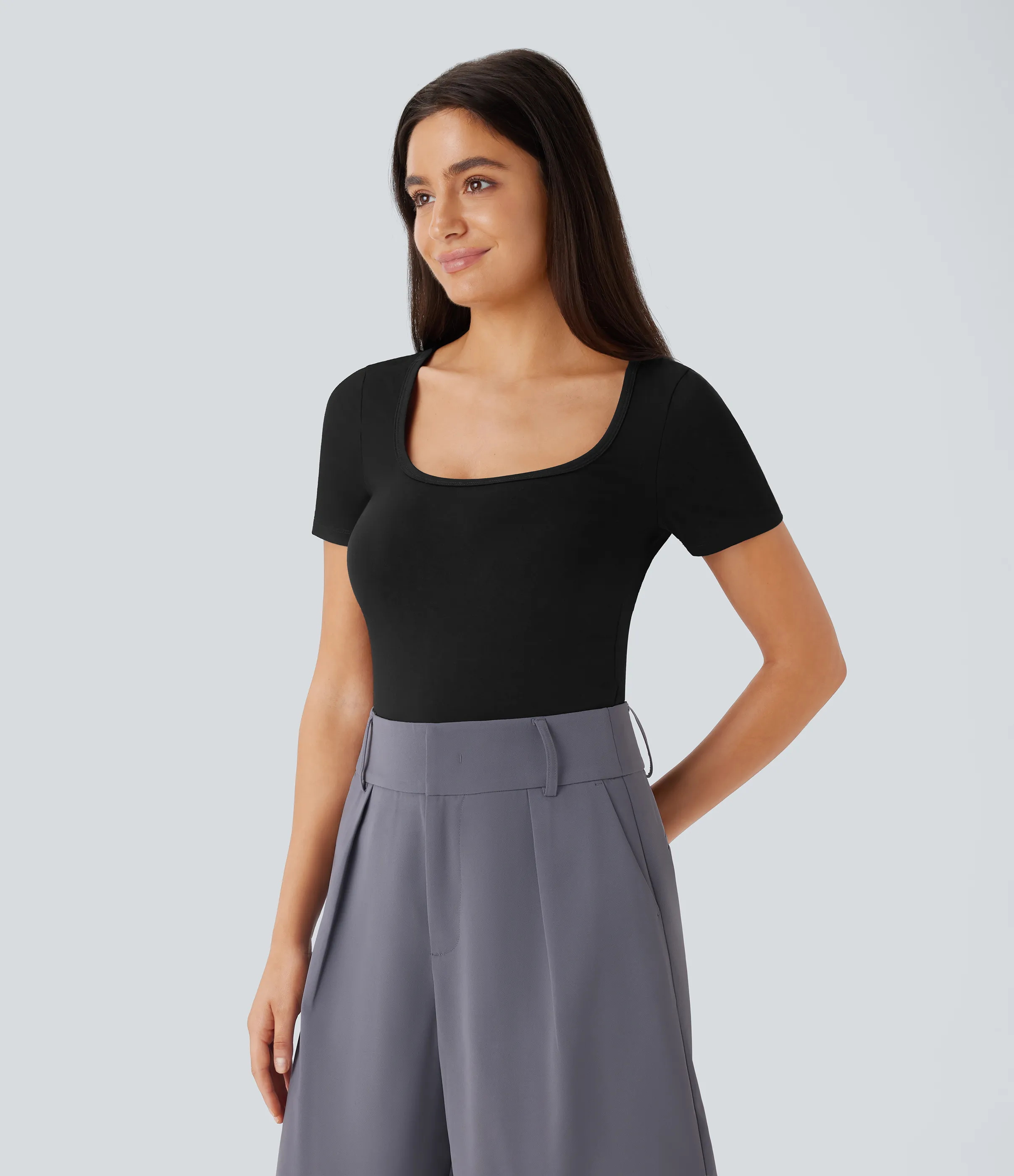 Halara Body oficina ajustado botón presión manga corta cuello U - Black - L sold by Halara product image thumbnail 5