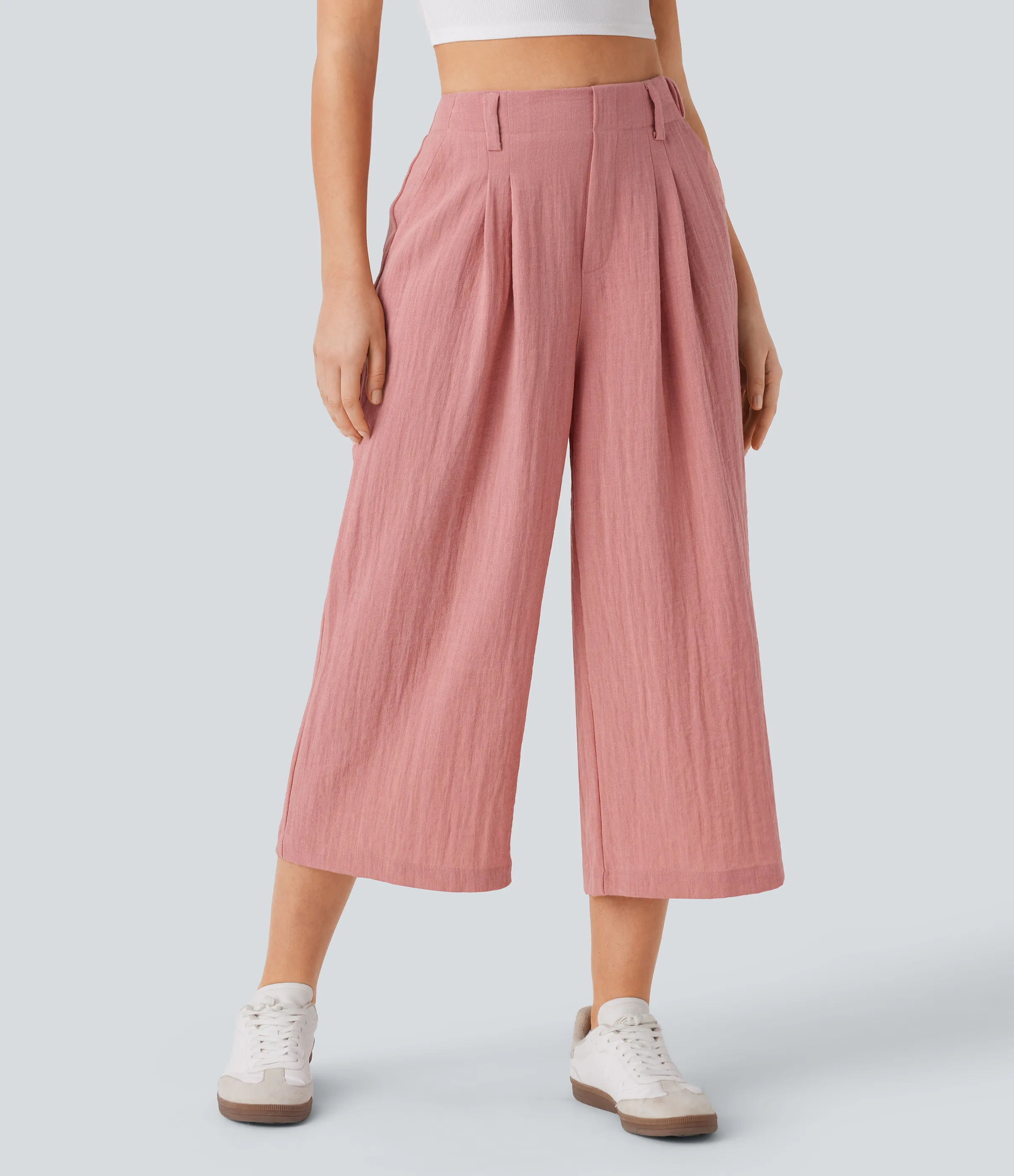 Halara Pantalón capri lino tiro alto bolsillo lateral pierna ancha holgado color liso - Rosette - XL(regular) sold by Halara