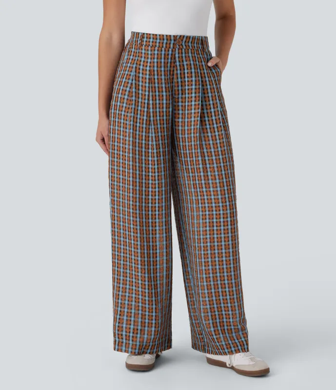 Halara Pantalón holgado cuadro tiro alto cremallera botón bolsillo lateral - Blue Brown Gradient Plaid - XS(regular) sold by Halara