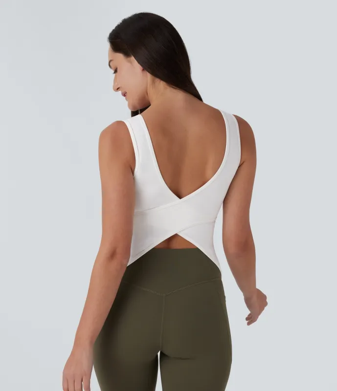 Halara Camiseta yoga cruzada cuello U sin espalda - más largo - White - XS(Long) sold by Halara