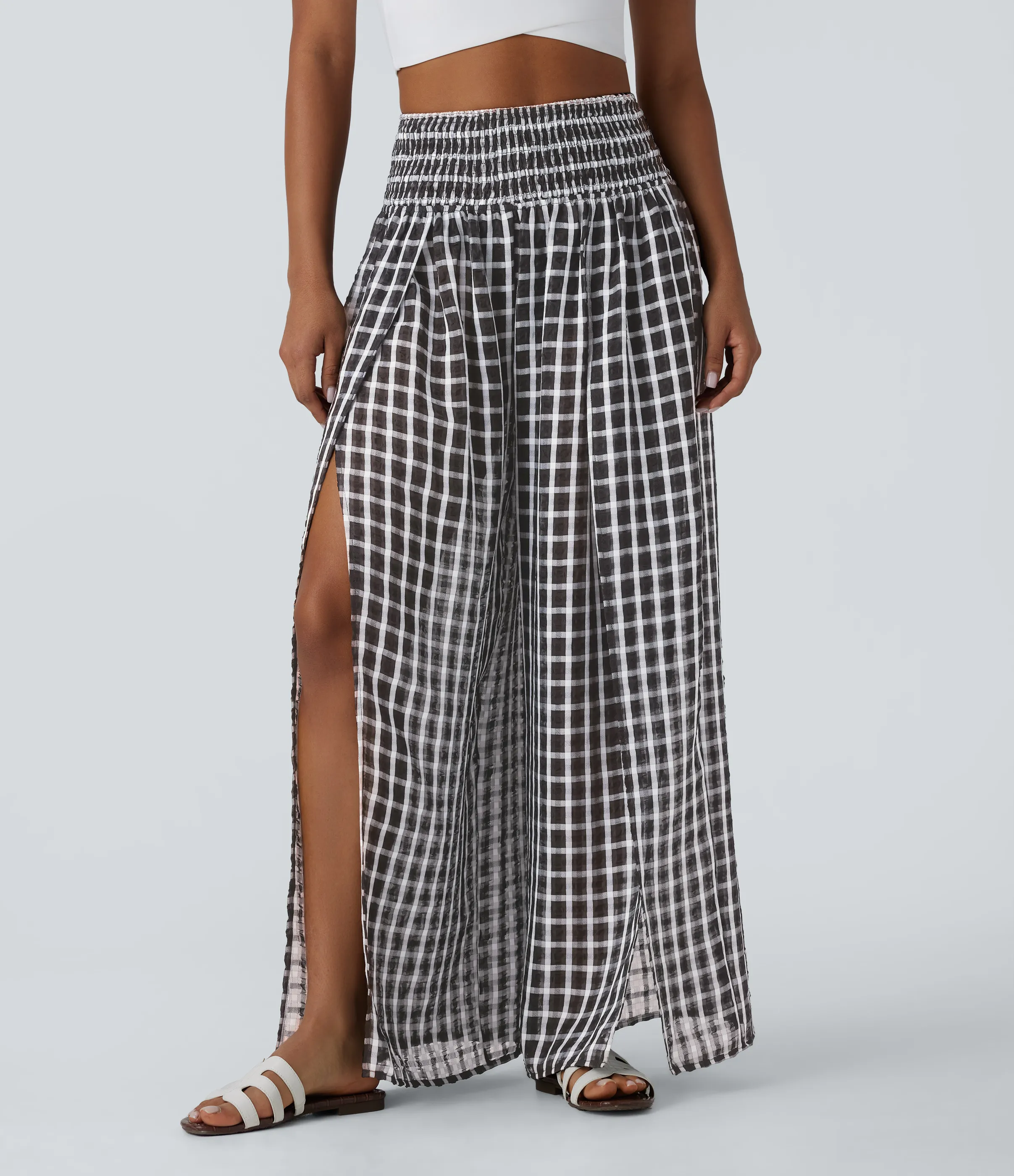 Halara Pantalones anchos y holgados de tiro alto a cuadros con abertura - Black White Gradient Plaid - XS(regular) sold by Halara product image thumbnail 2