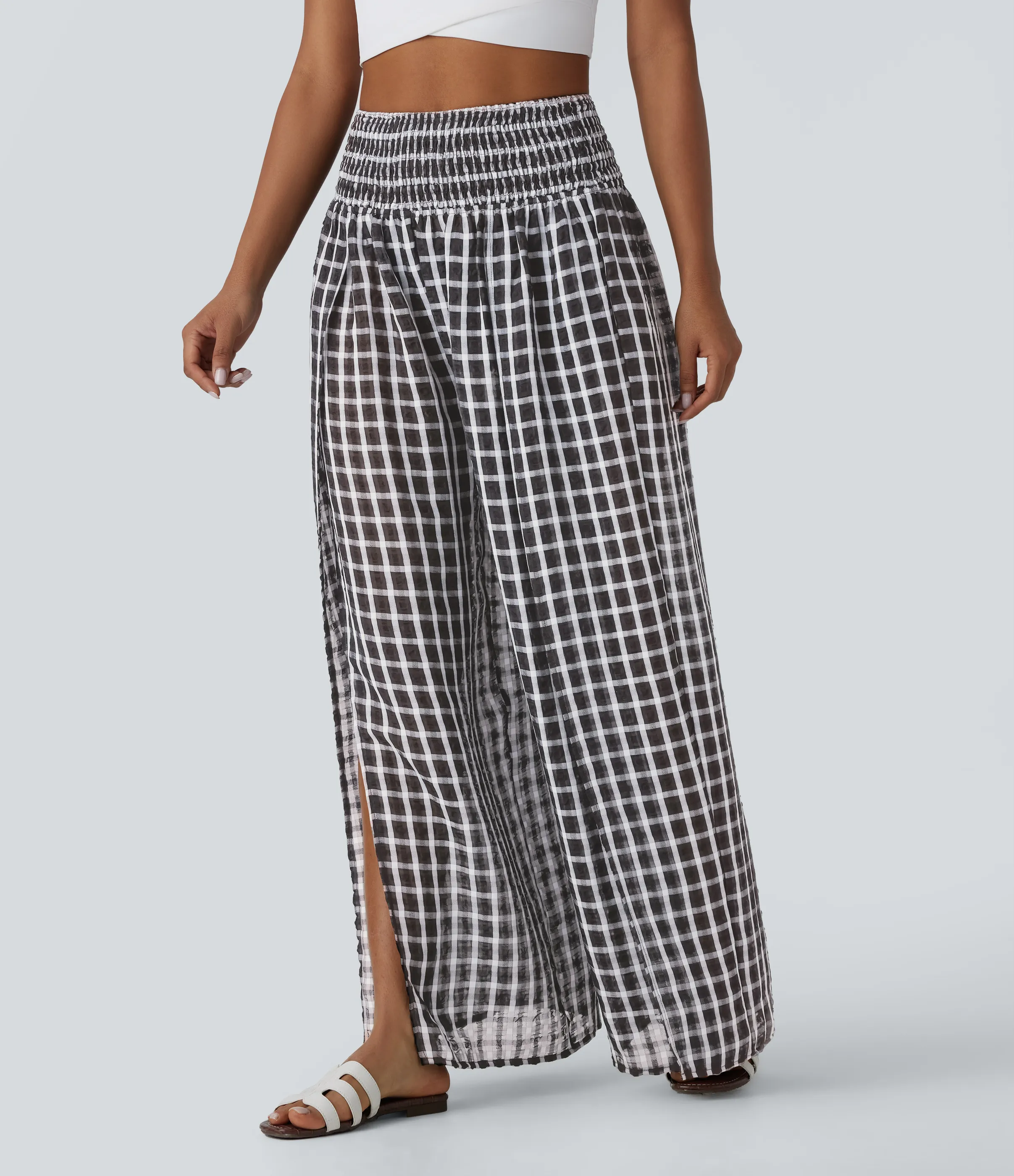 Halara Pantalones anchos y holgados de tiro alto a cuadros con abertura - Black White Gradient Plaid - XS(regular) sold by Halara product image thumbnail 4