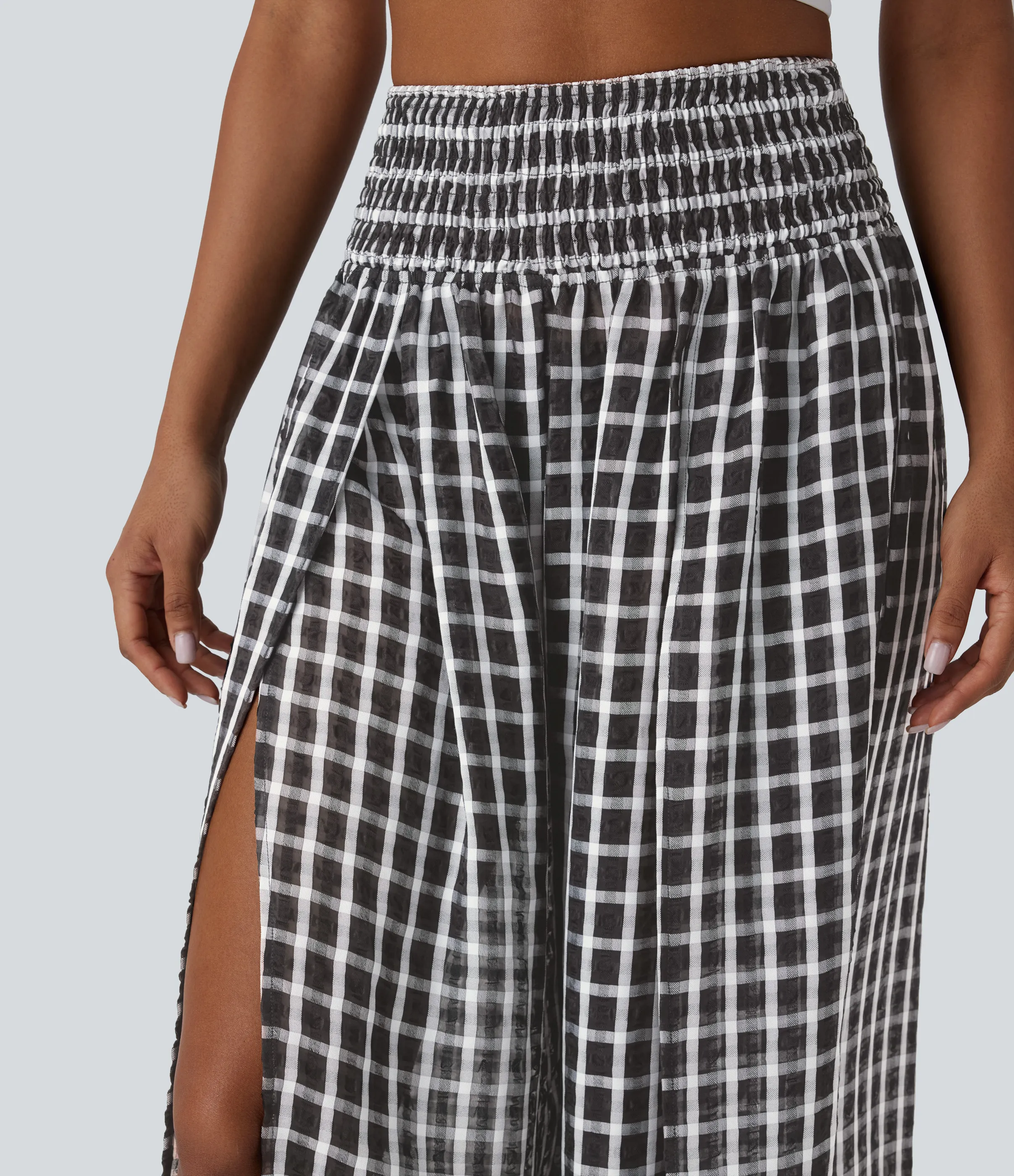 Halara Pantalones anchos y holgados de tiro alto a cuadros con abertura - Black White Gradient Plaid - XS(regular) sold by Halara product image thumbnail 5