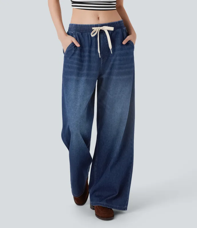 Halara Jeans Halara Flex™ Denim Baggy holgado tiro bajo elástico cordón múltiple bolsillo - Estate Blue Denim - XL(petite) sold by Halara