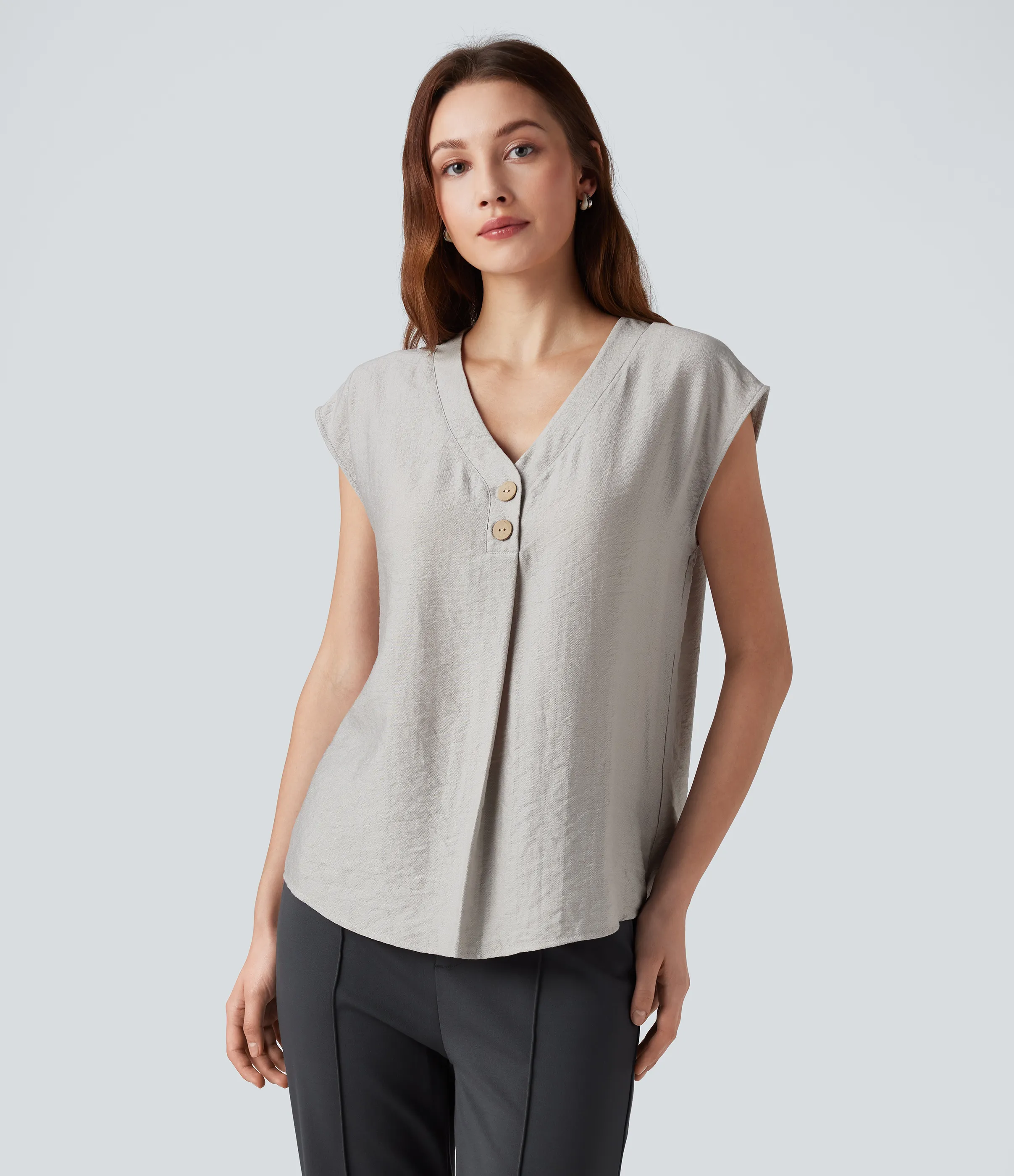 Halara Blusa de oficina de manga corta con botones decorativos y cuello en V - Dawn Blue - L sold by Halara product image thumbnail 2