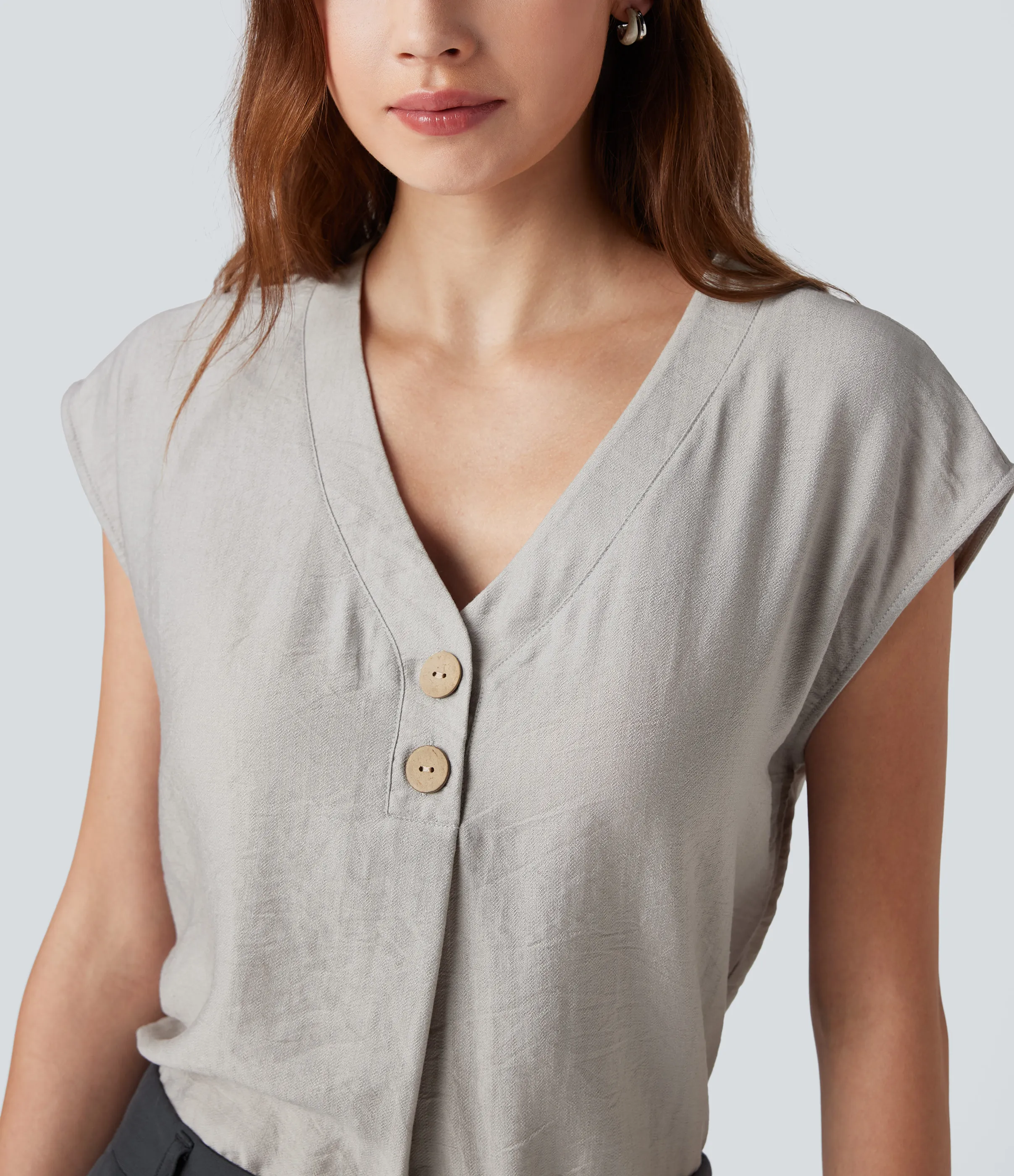 Halara Blusa de oficina de manga corta con botones decorativos y cuello en V - Dawn Blue - L sold by Halara product image thumbnail 5