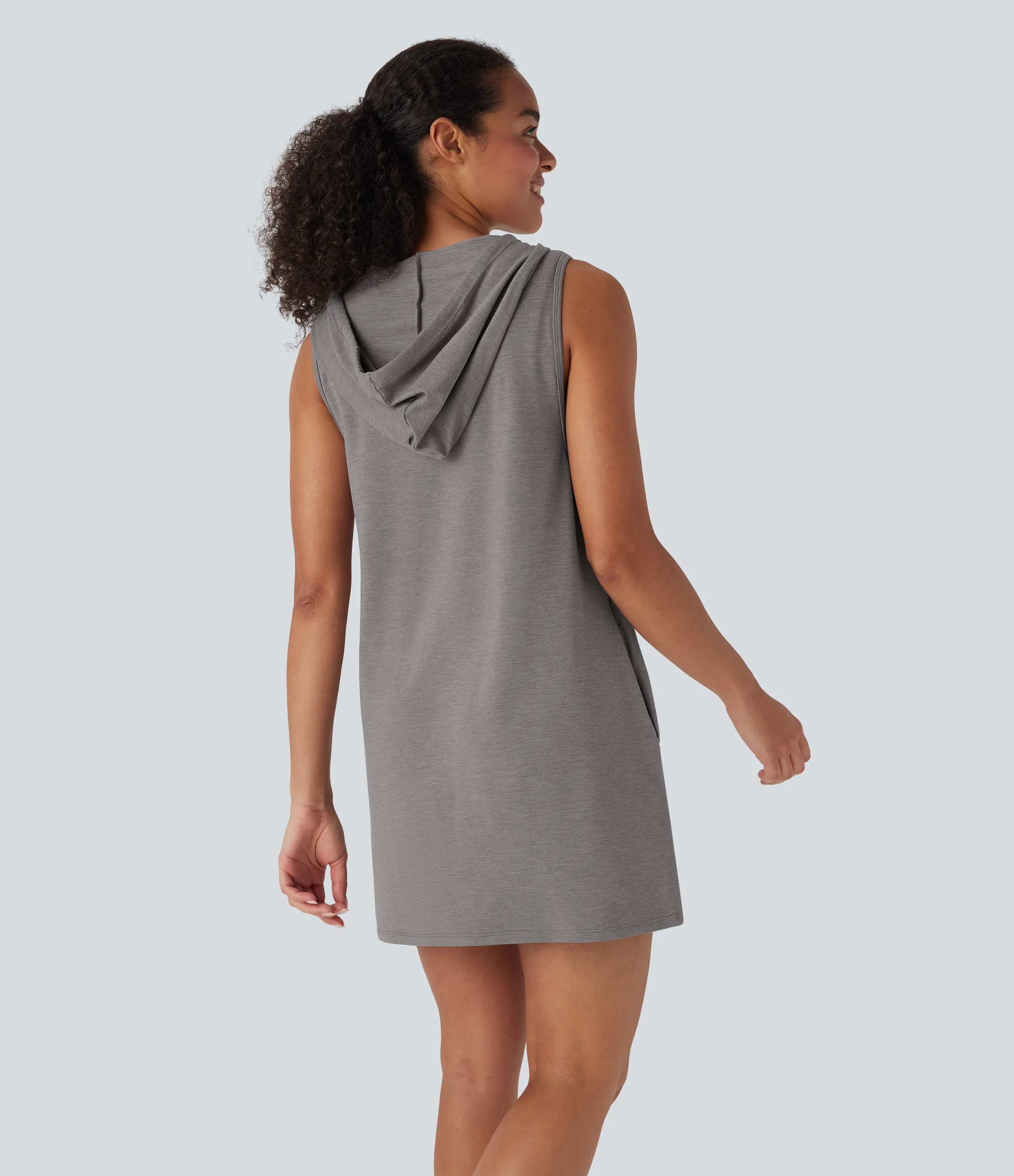 Halara Vestido mini casual recto sin mangas con capucha y cordón ajustable con bolsillos - Mottled Earth Gray - S sold by Halara product image thumbnail 3