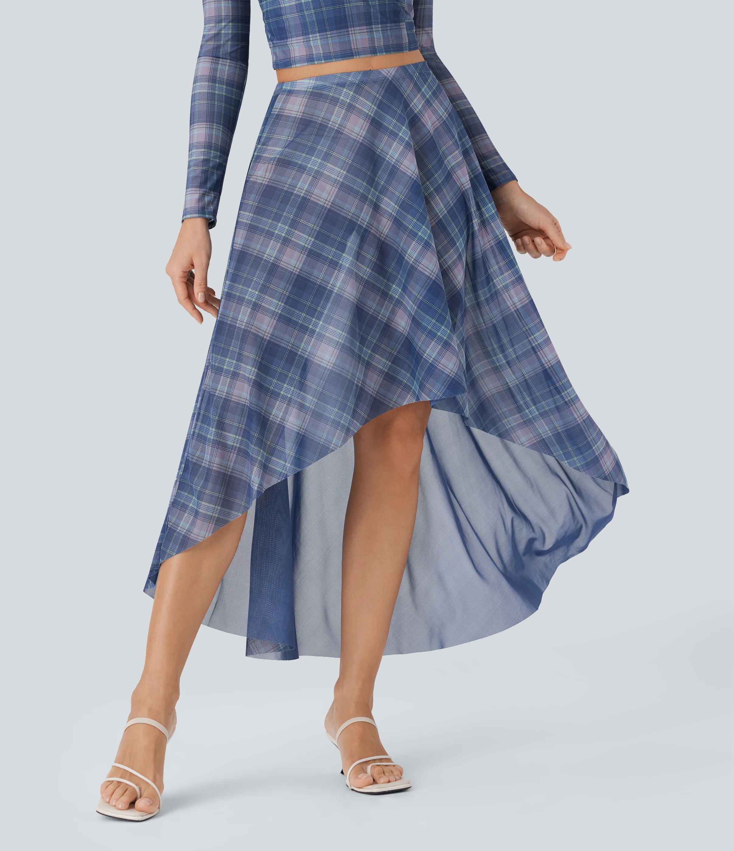 Halara Falda larga fluida con tiro alto de malla transparente con tiro alto y cuadros escoceses - Purple Plaid - M(regular) sold by Halara product image thumbnail 4