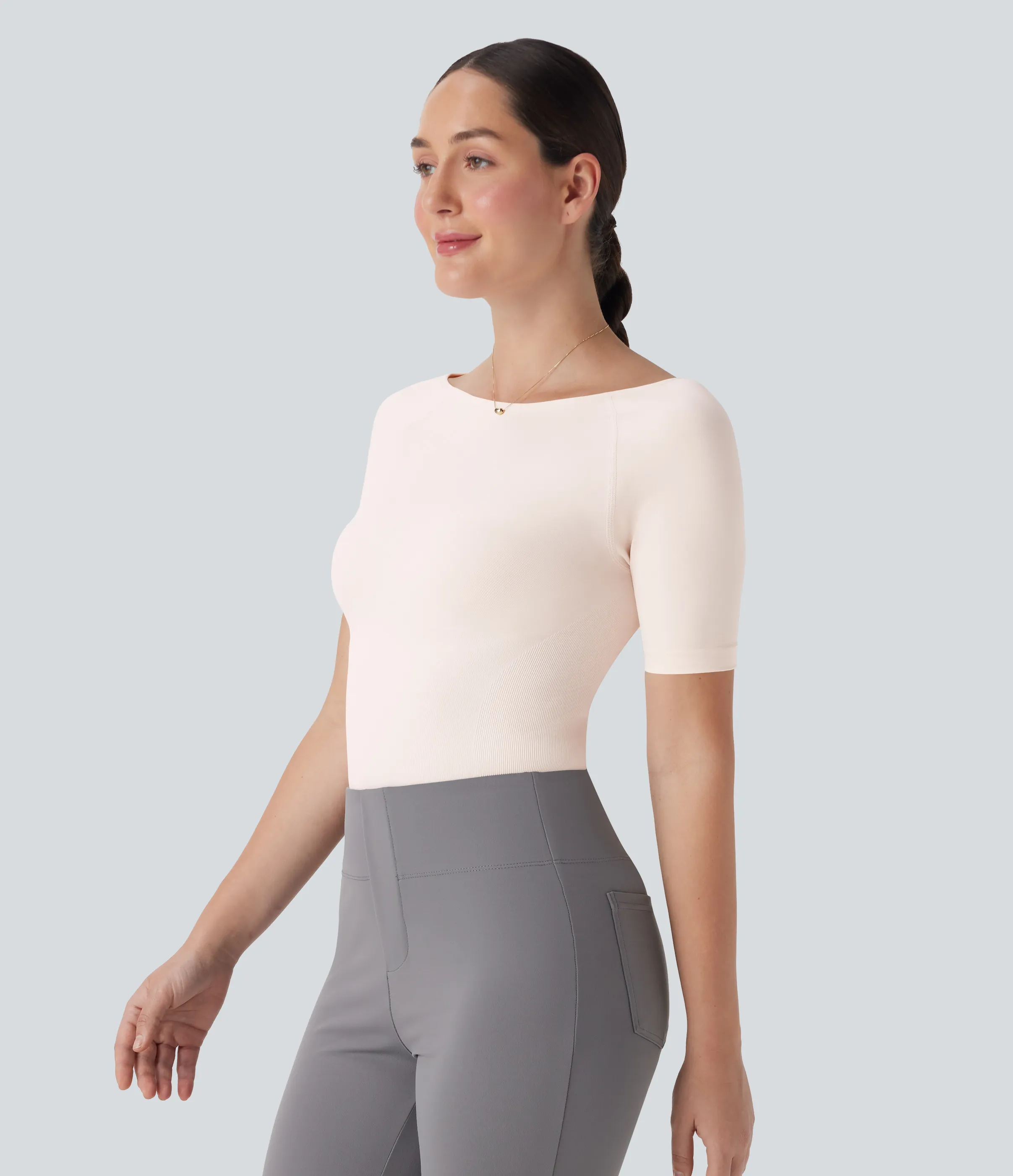 Halara Body de oficina sin costuras con cuello barco y tirantes ajustables con efecto fluido - Easy Peezy - Sheer Pink - XL sold by Halara product image thumbnail 5