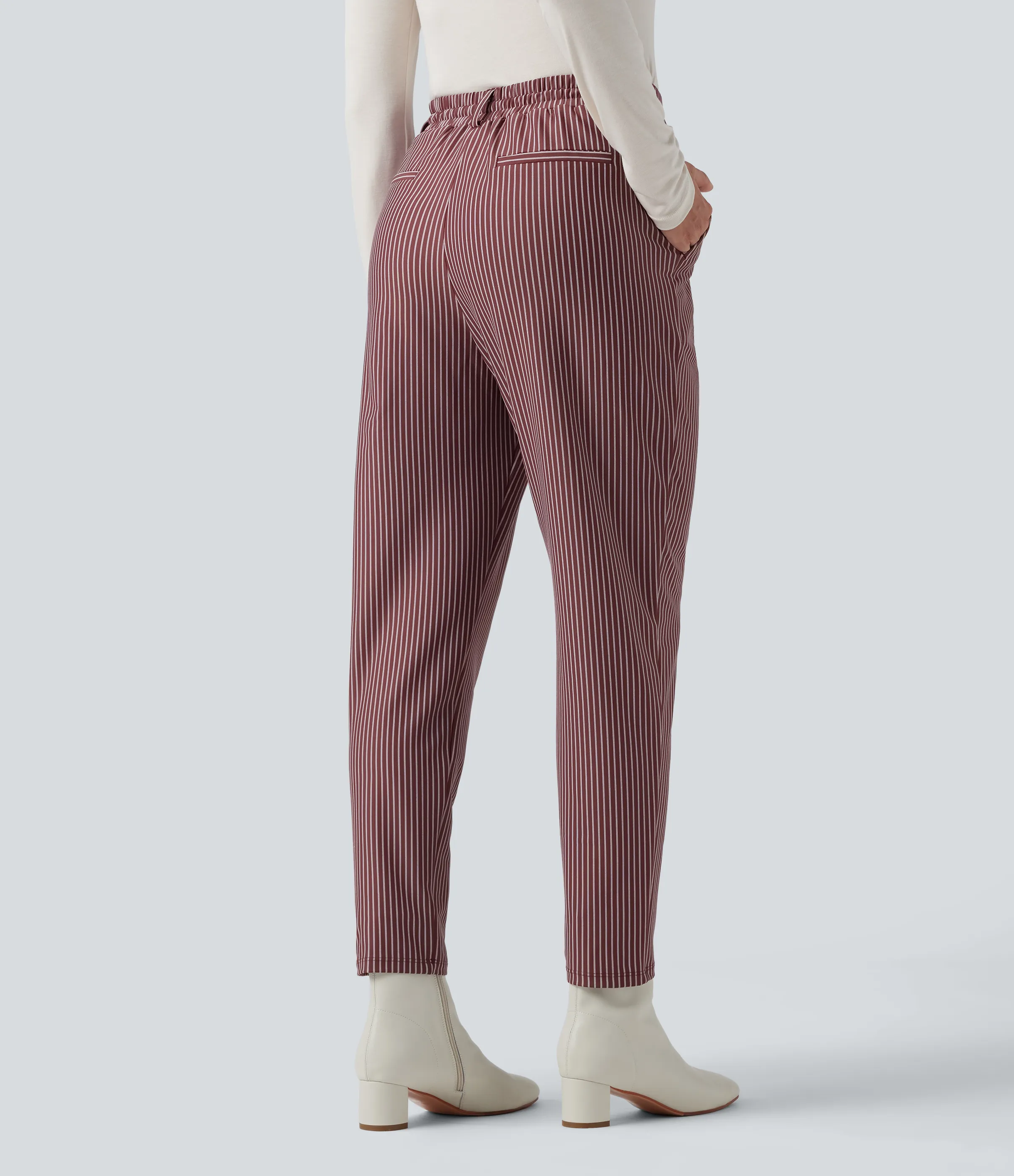 Halara Pantalones de oficina de tiro medio con rayas cónicas, cordón y bolsillos - Burgundy Wine - XL(regular) sold by Halara product image thumbnail 3