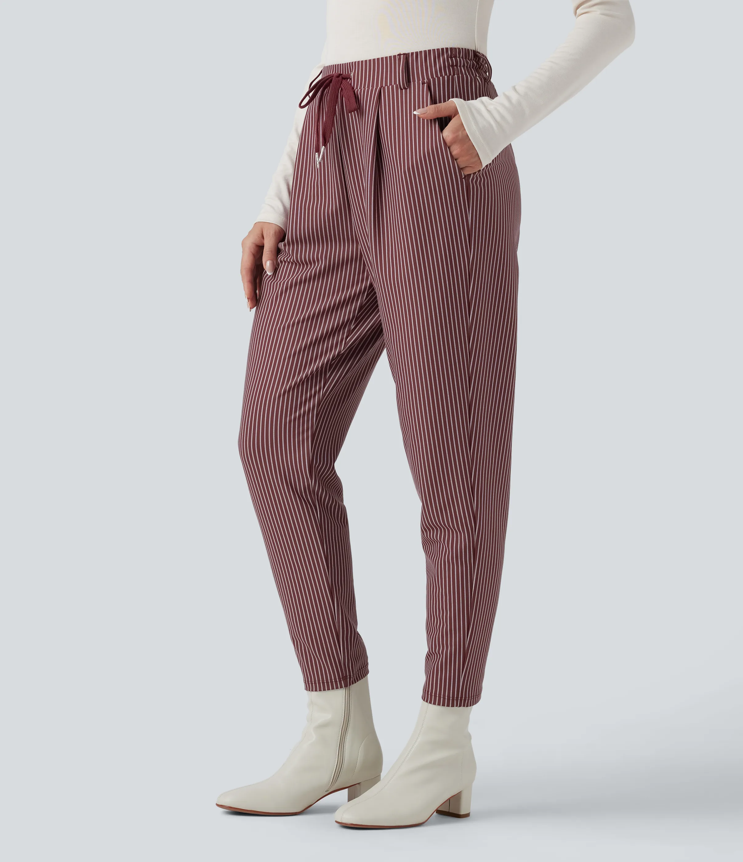 Halara Pantalones de oficina de tiro medio con rayas cónicas, cordón y bolsillos - Burgundy Wine - XL(regular) sold by Halara product image thumbnail 4