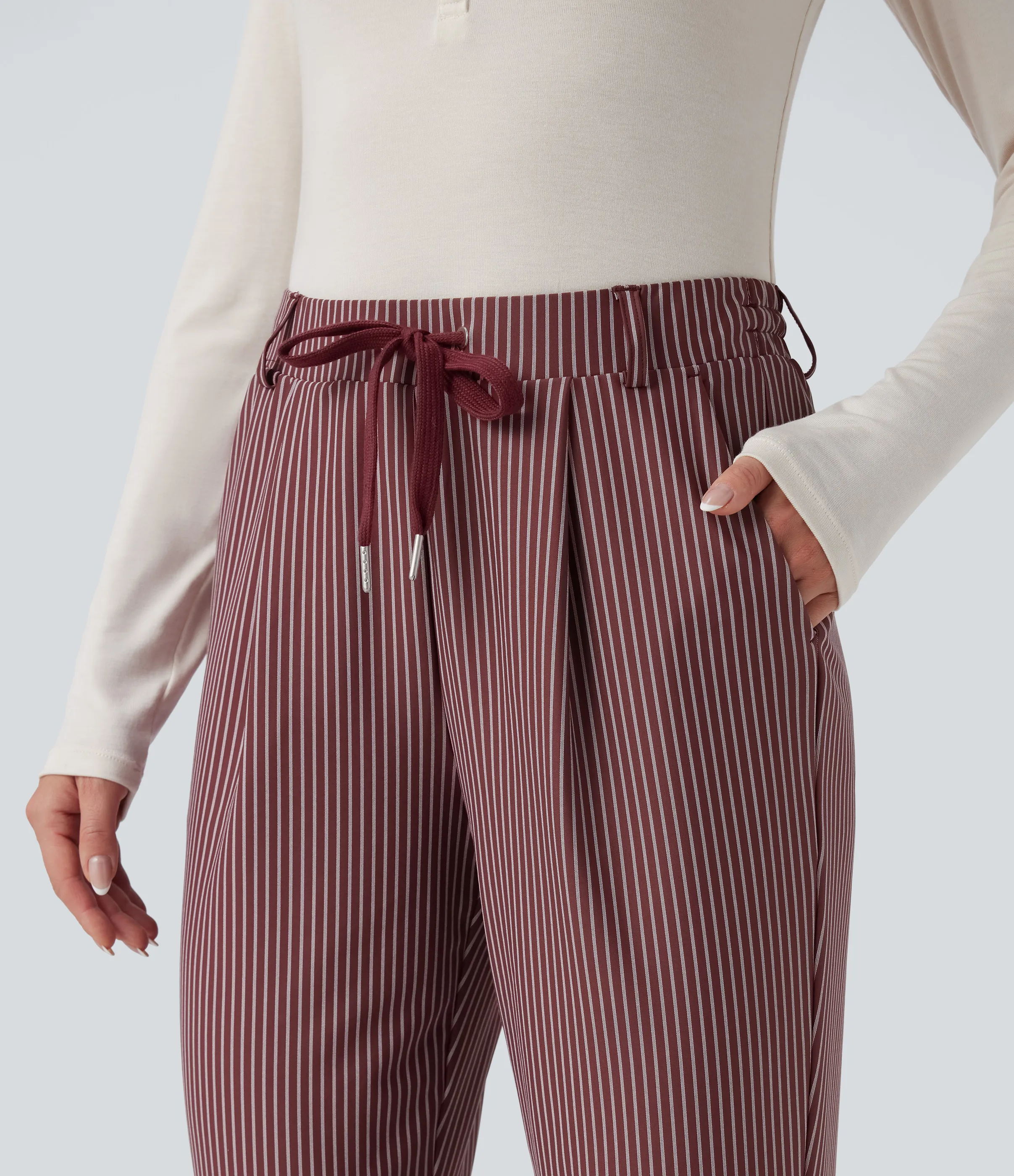 Halara Pantalones de oficina de tiro medio con rayas cónicas, cordón y bolsillos - Burgundy Wine - XL(regular) sold by Halara product image thumbnail 5