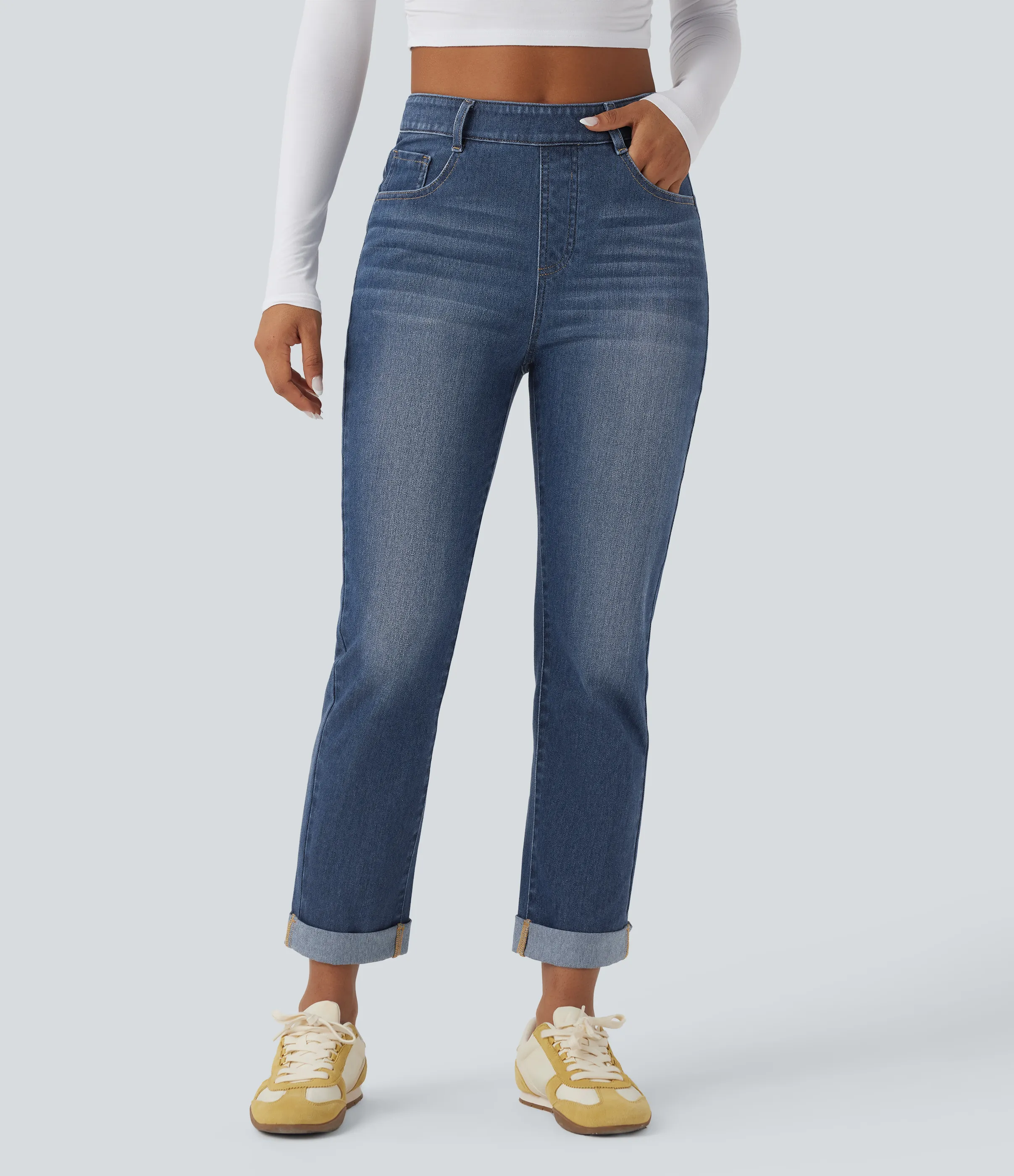 Halara Jeans ajustados casuales Halara Flex™ de tiro alto con dobladillo enrollado y bolsillos - Estate Blue Denim - XS(tall) sold by Halara product image thumbnail 4