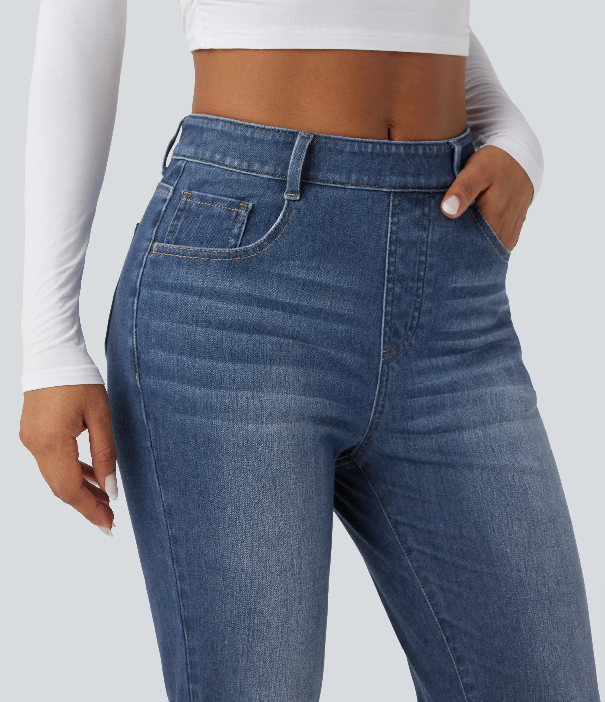 Halara Jeans ajustados casuales Halara Flex™ de tiro alto con dobladillo enrollado y bolsillos - Estate Blue Denim - XS(tall) sold by Halara product image thumbnail 5