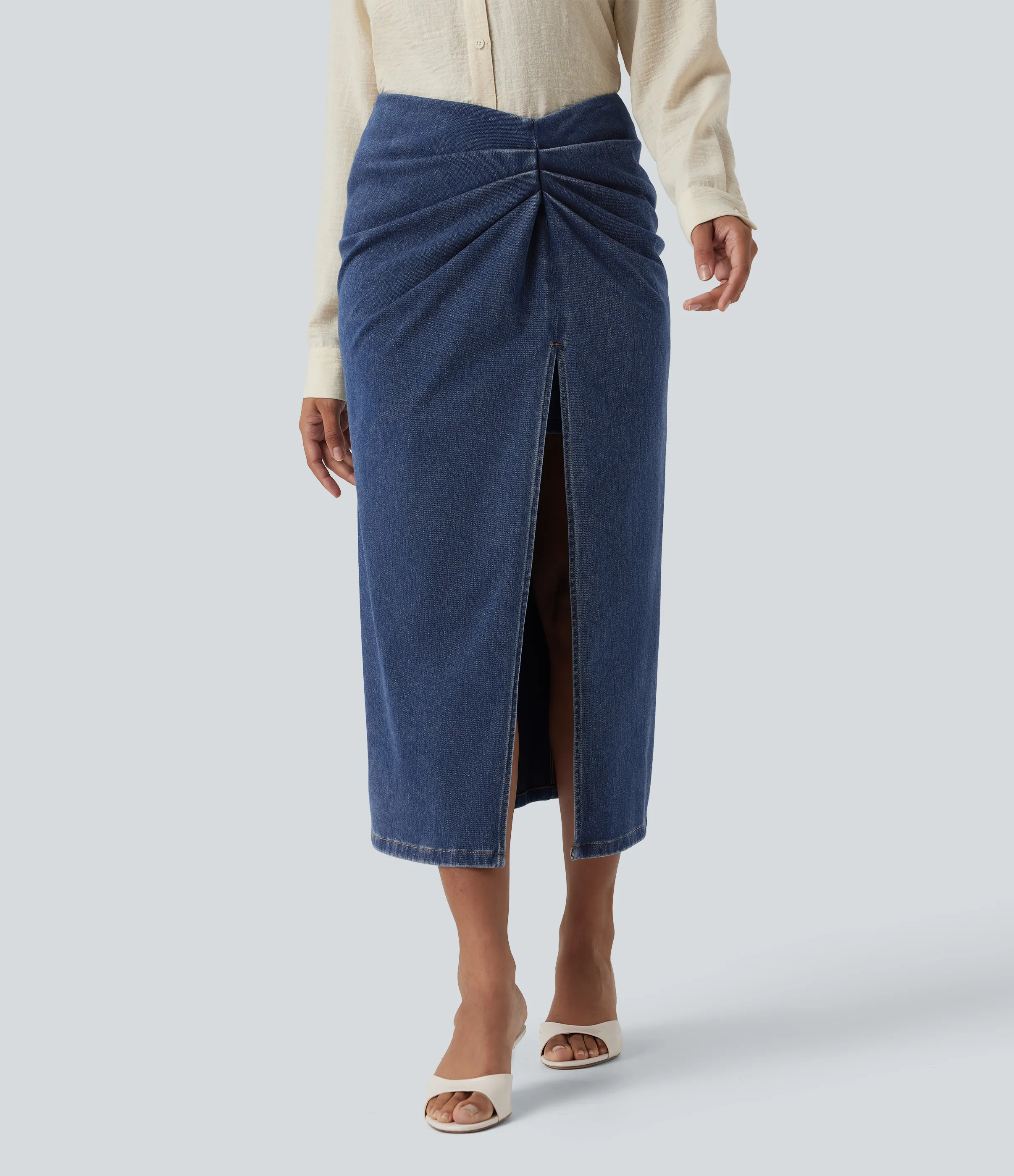 Halara Falda vaquera informal midi ajustada con abertura y cintura alta 2 en 1 de Halara Flex™ - Tide Blue Denim - S(regular) sold by Halara product image thumbnail 4