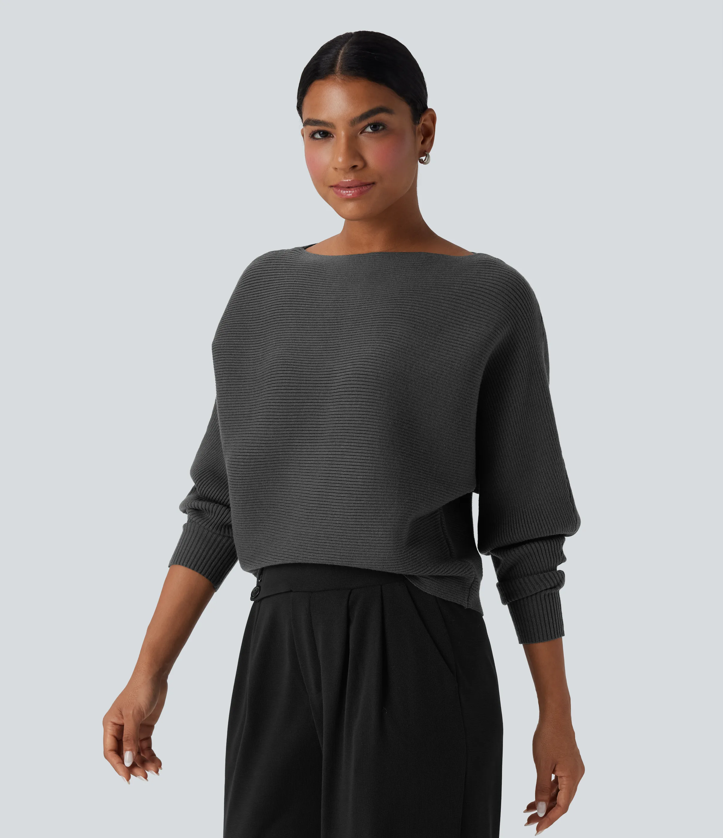 Halara Suéter casual con cuello barco y mangas murciélago - Pirate Black - XL sold by Halara product image thumbnail 4