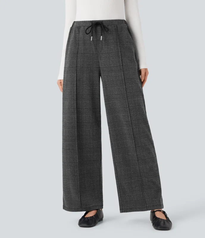 Halara Pantalones de oficina rectos Halara Flex™ de tiro medio con cordón a cuadros y bolsillos - Charcoal Black Houndstooth Plaid - S(regular) sold by Halara
