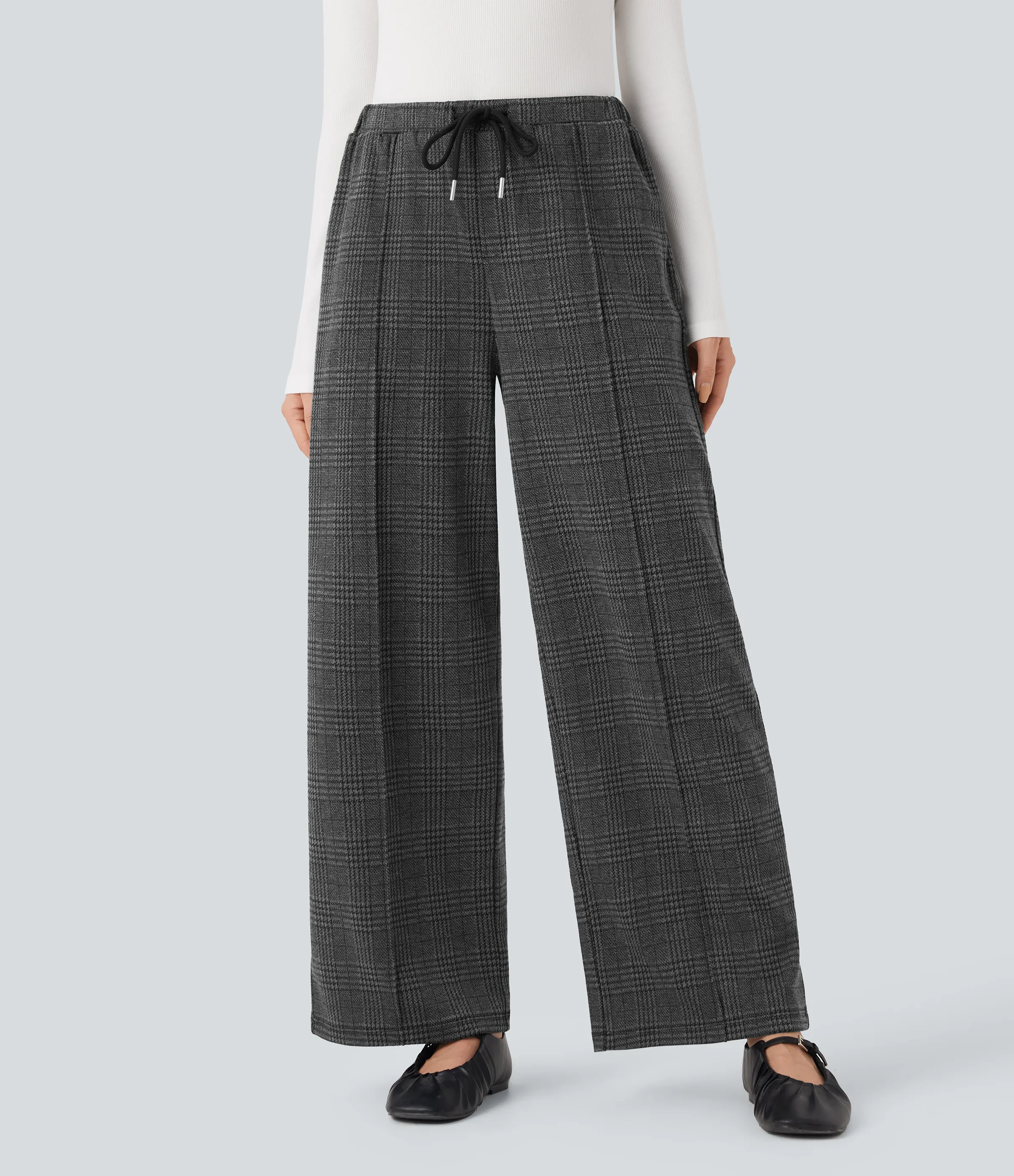 Halara Pantalones de oficina rectos Halara Flex™ de tiro medio con cordón a cuadros y bolsillos - Charcoal Black Houndstooth Plaid - S(regular) sold by Halara product image thumbnail 2