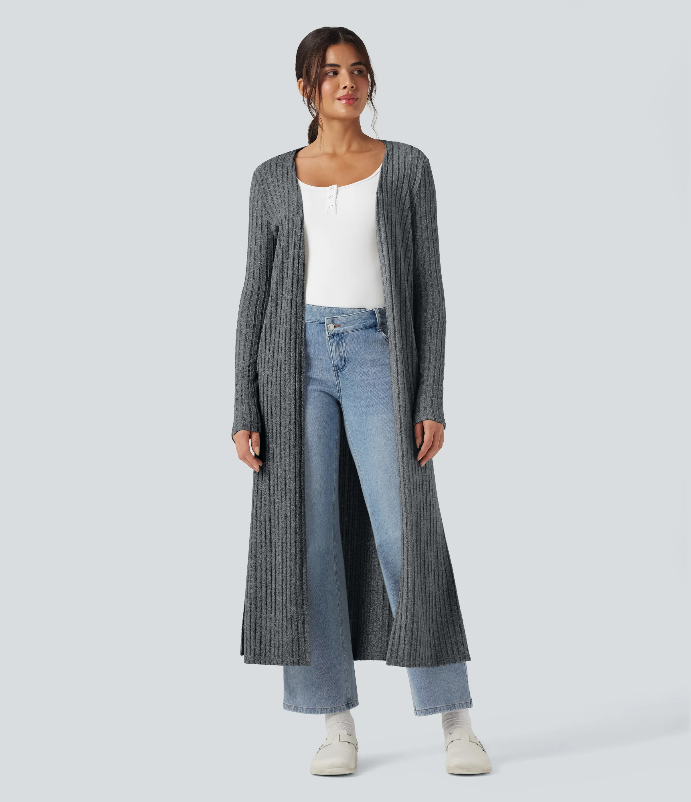 Halara Abrigo largo casual de punto acanalado con mangas largas y abertura - Mottled Dark Gray - XL sold by Halara product image thumbnail 4