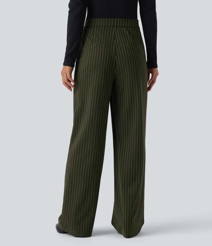 Halara Pantalones de oficina rectos de tiro alto con rayas y tacto fresco con bolsillos - Olive Stripe - M(regular) sold by Halara