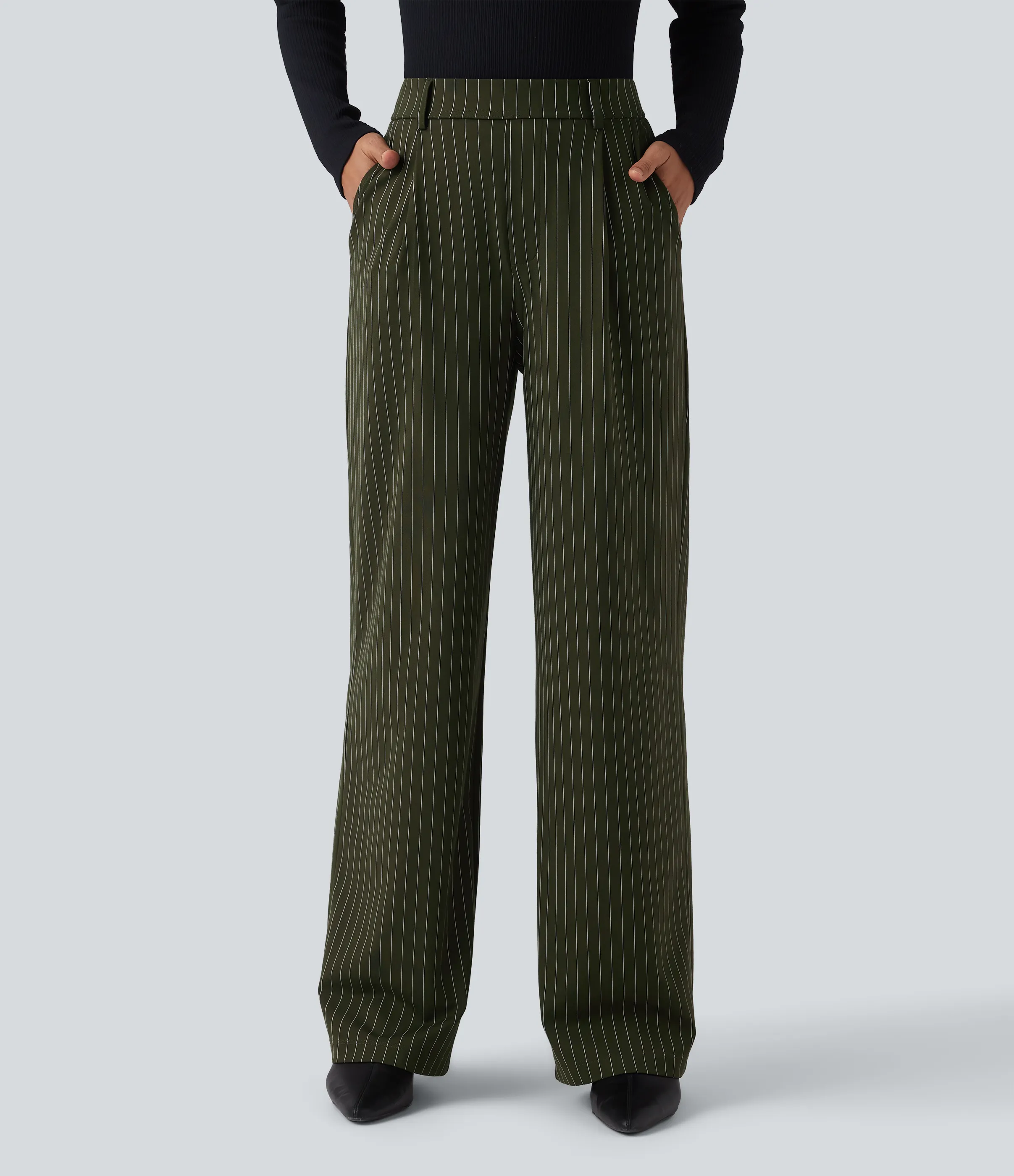 Halara Pantalones de oficina rectos de tiro alto con rayas y tacto fresco con bolsillos - Olive Stripe - M(regular) sold by Halara product image thumbnail 3