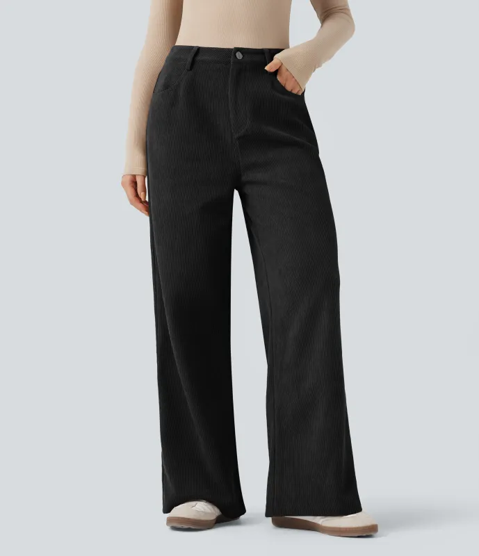 Halara Pantalones holgados casuales de pana de tiro alto con bolsillos - Black - M(regular) sold by Halara