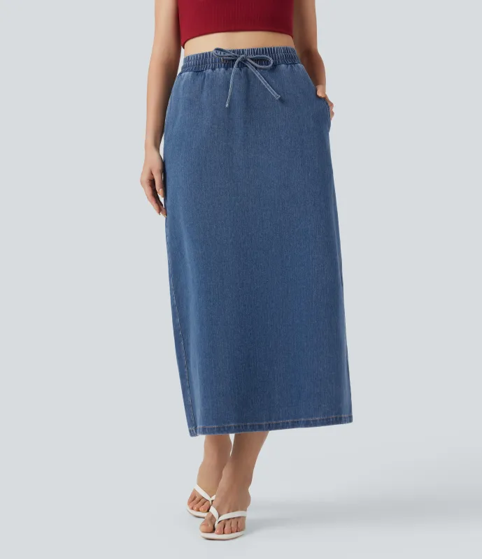 Halara Falda vaquera casual Halara Flex™ midi de tiro alto con cordón ajustable y bolsillos  - Estate Blue Denim - S(regular) sold by Halara