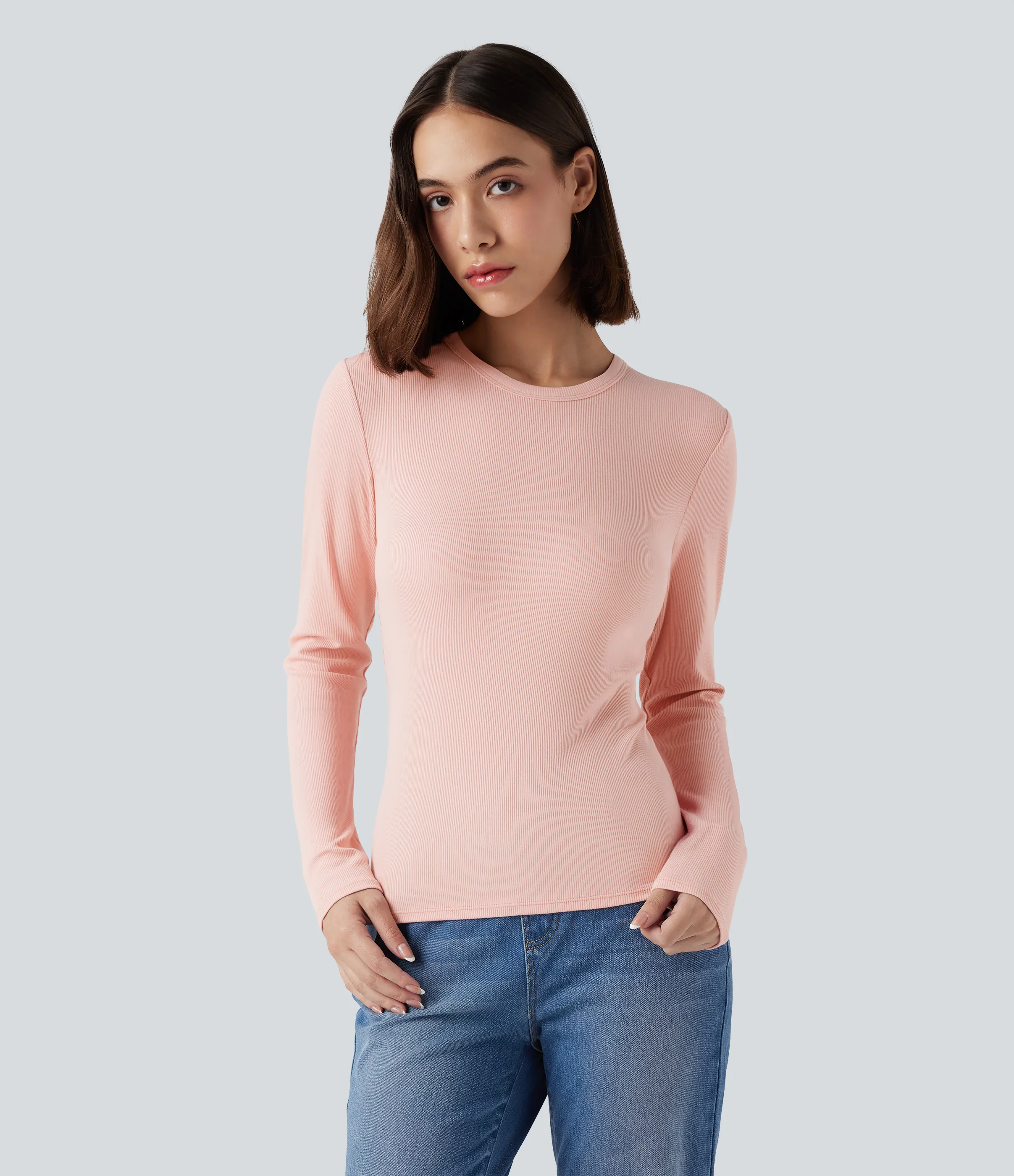 Halara Top casual de manga larga con cuello redondo y punto acanalado - Stardust Pink - XS sold by Halara product image thumbnail 2