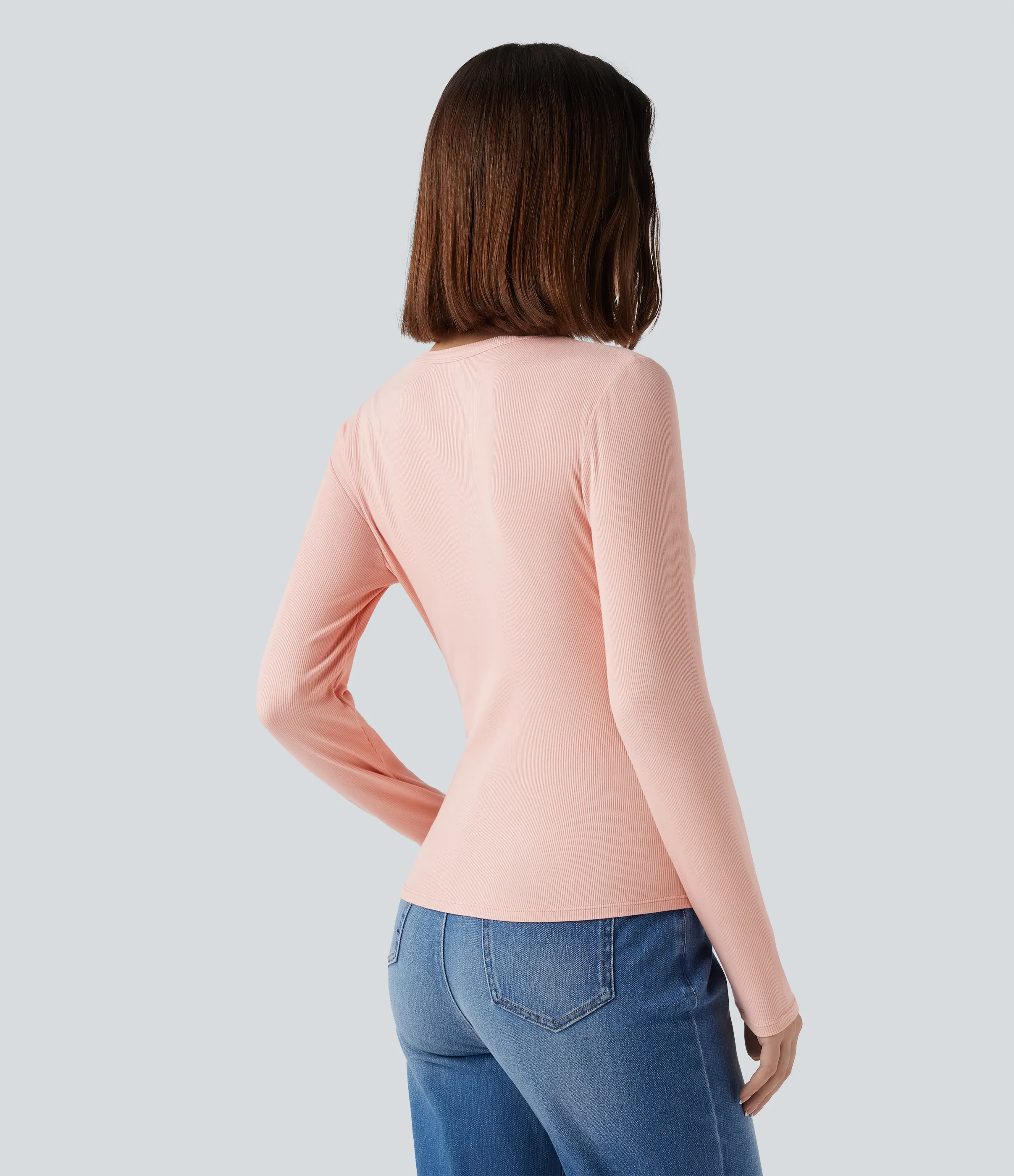 Halara Top casual de manga larga con cuello redondo y punto acanalado - Stardust Pink - XS sold by Halara product image thumbnail 3