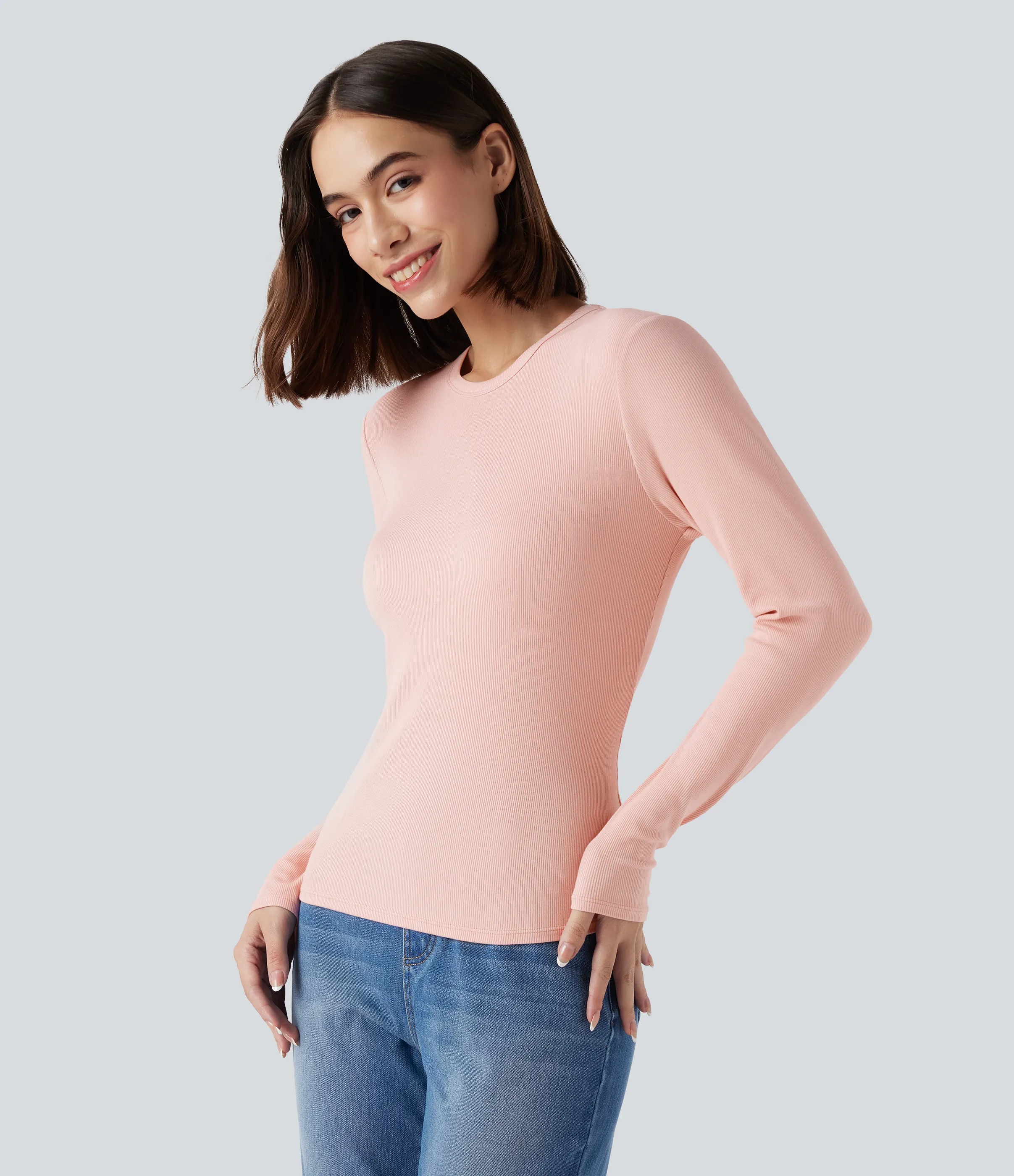 Halara Top casual de manga larga con cuello redondo y punto acanalado - Stardust Pink - XS sold by Halara product image thumbnail 4