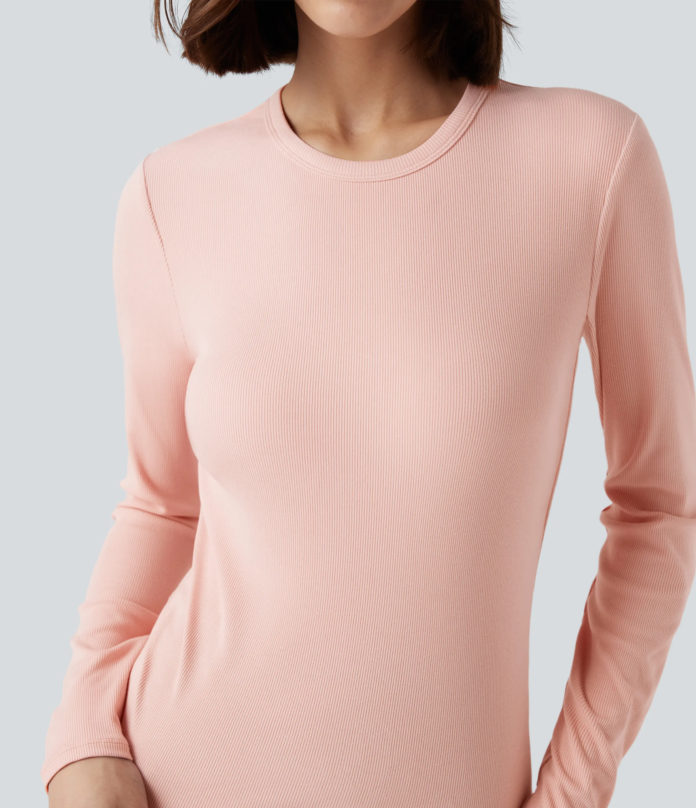Halara Top casual de manga larga con cuello redondo y punto acanalado - Stardust Pink - XS sold by Halara product image thumbnail 5