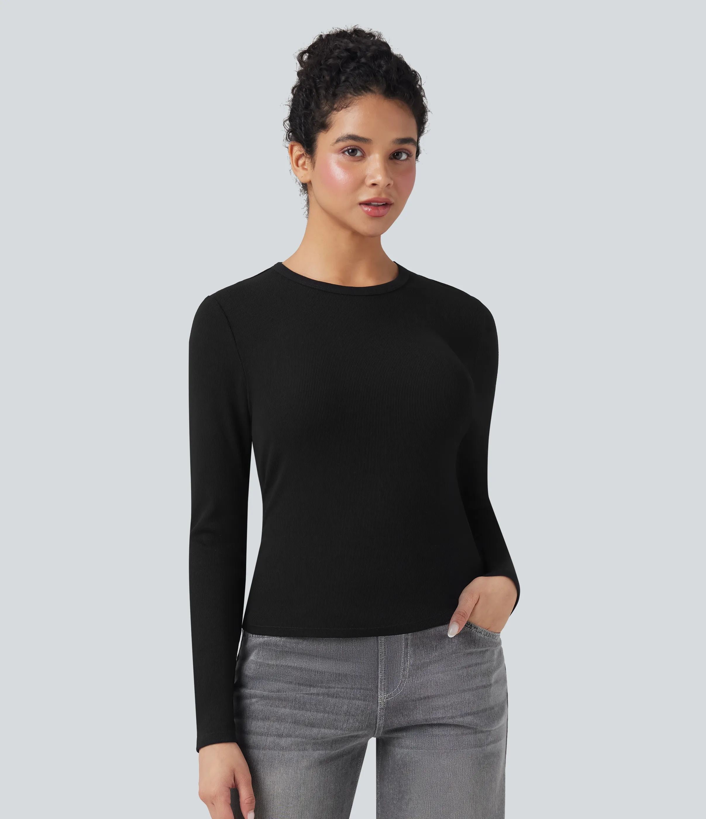 Halara Top casual de manga larga con cuello redondo y punto acanalado - Black - XL sold by Halara