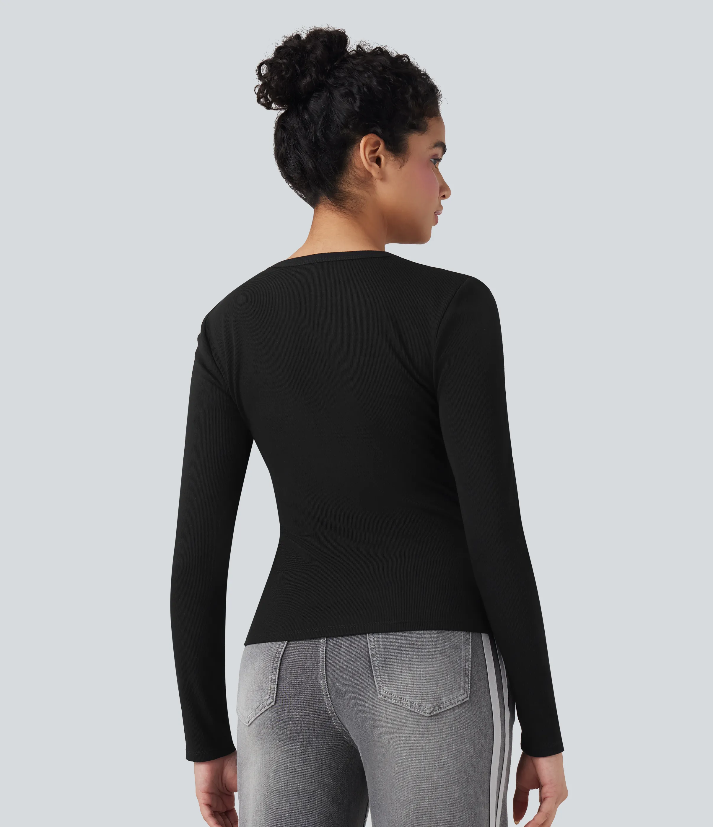 Halara Top casual de manga larga con cuello redondo y punto acanalado - Black - XL sold by Halara product image thumbnail 3