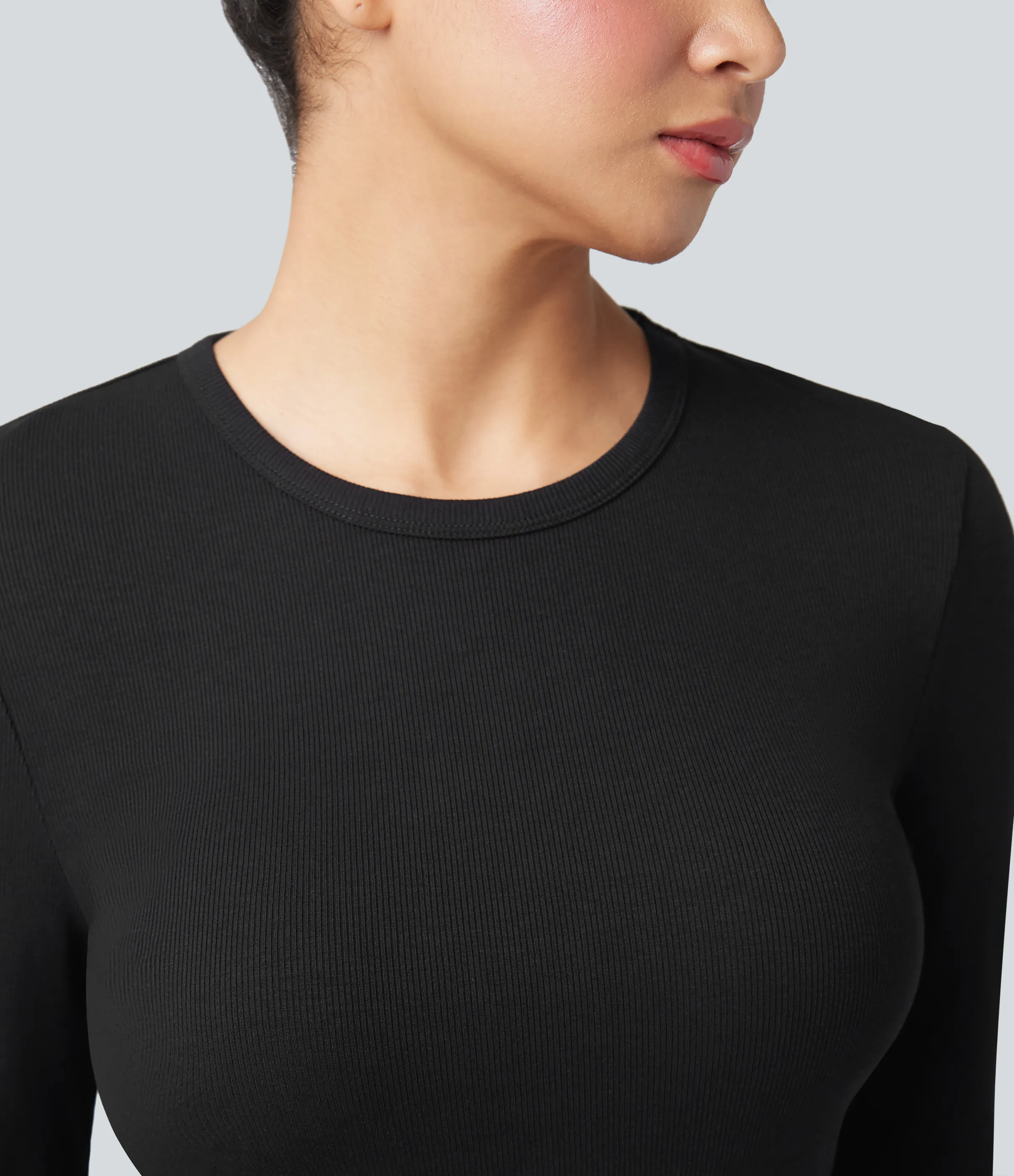 Halara Top casual de manga larga con cuello redondo y punto acanalado - Black - XL sold by Halara product image thumbnail 5