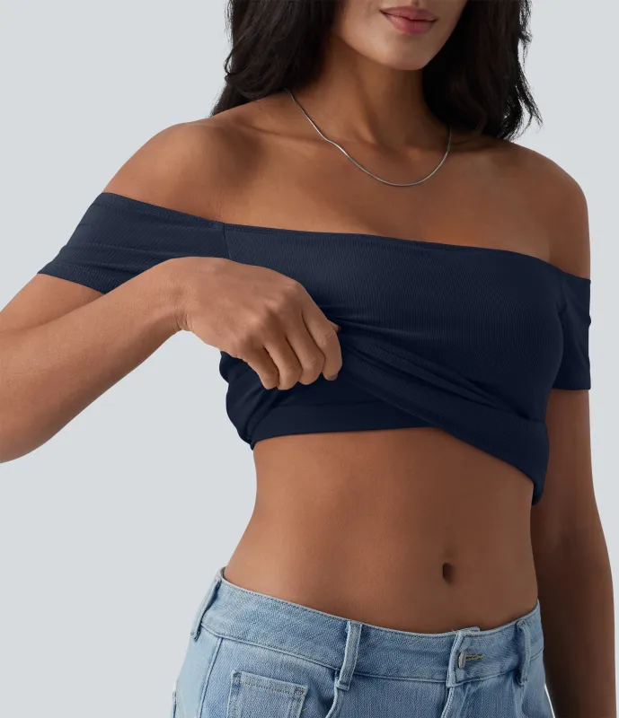 Halara Top informal 2 en 1 de punto acanalado con hombros descubiertos de manga corta y espalda descubierta - Naval Academy - M sold by Halara