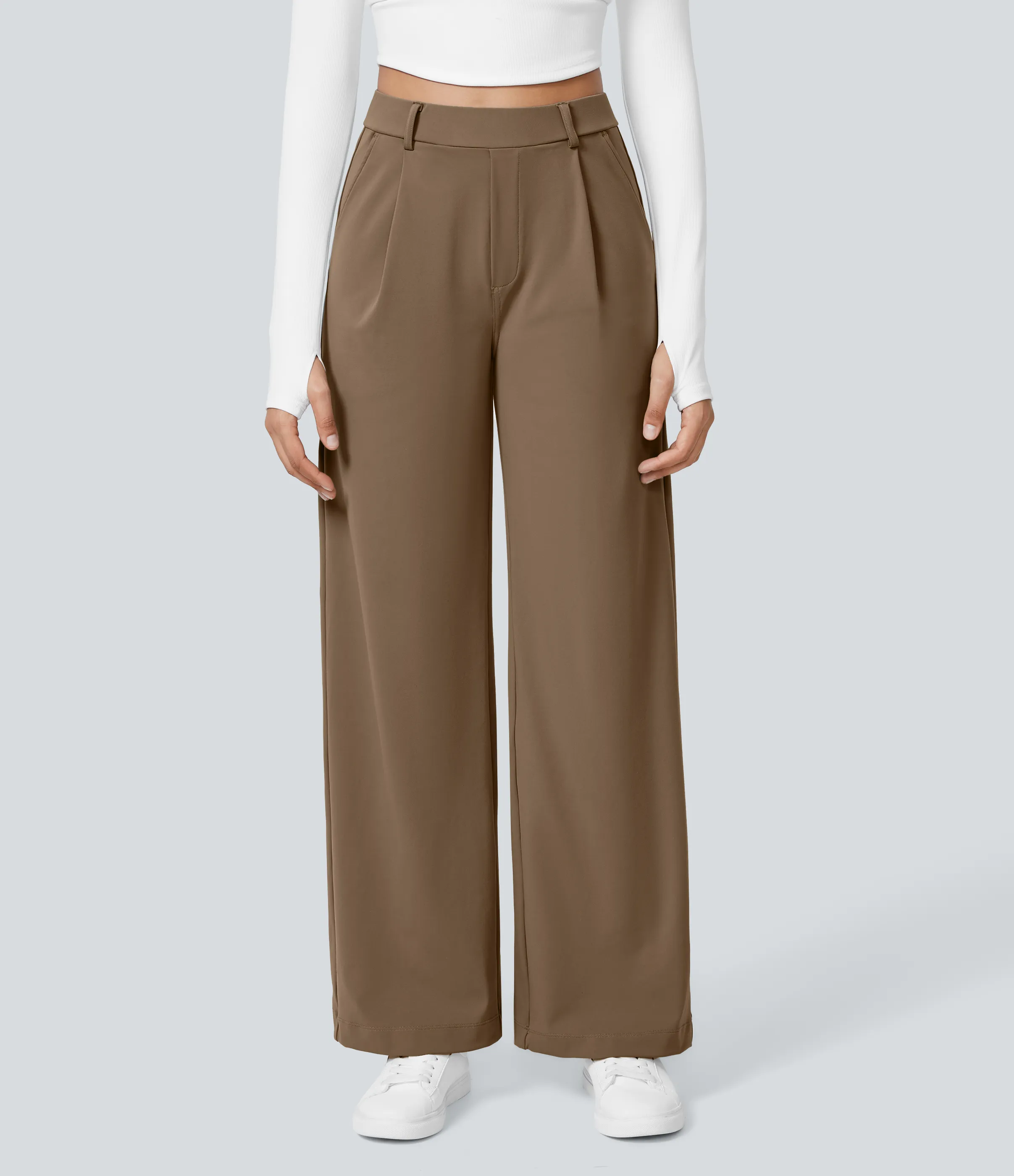 Halara Pantalón oficina pierna recta bolsillo lateral tiro alto pliegue - Sepia - S(regular) sold by Halara product image thumbnail 3