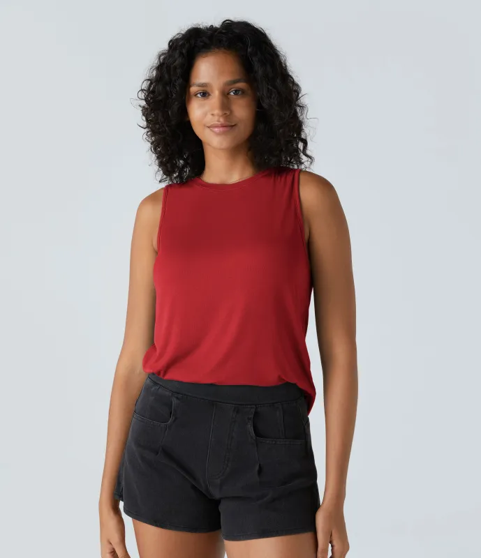 Halara Camiseta sin mangas básica cuello redondo acanalado - Rubicondo - XL sold by Halara