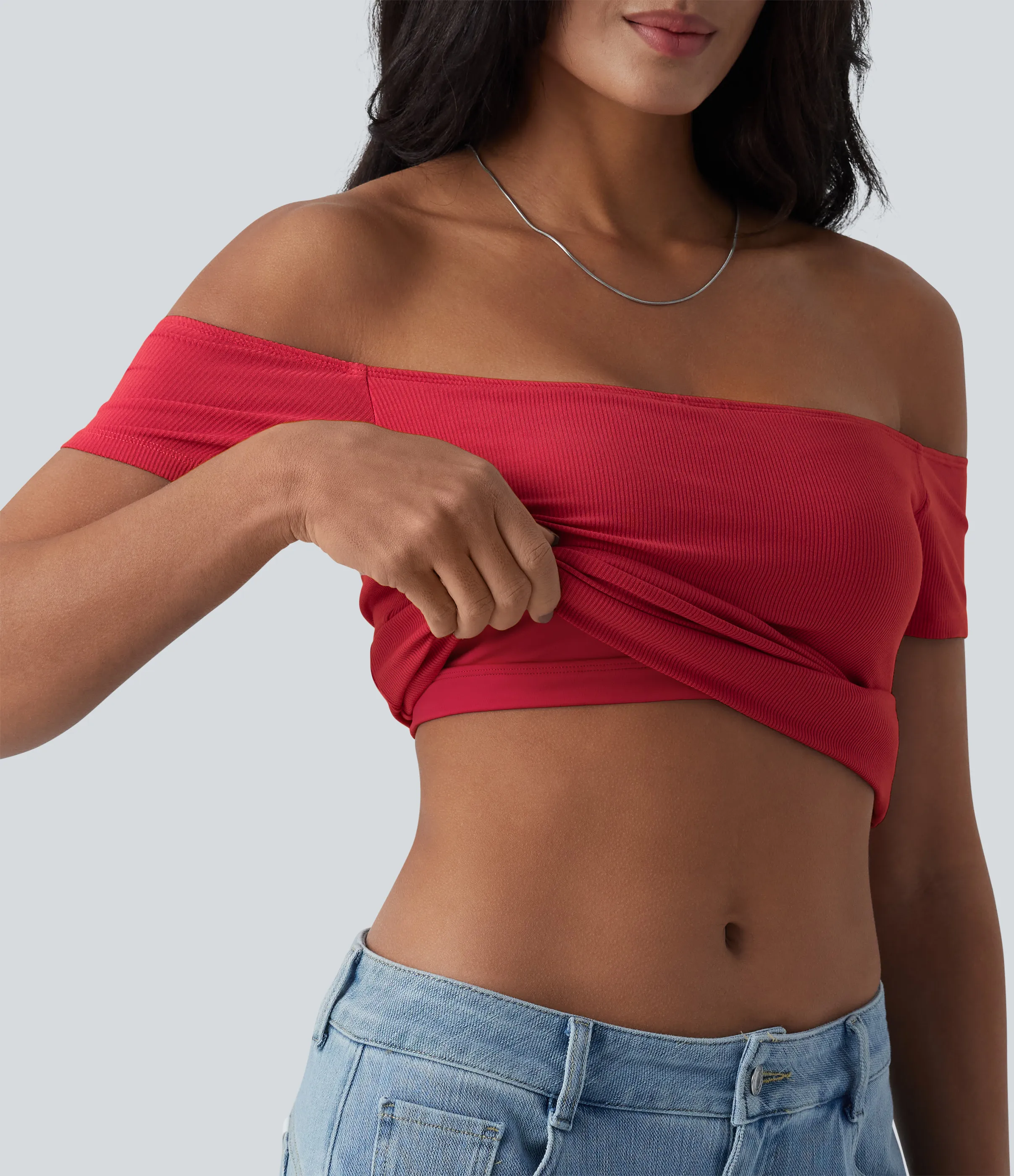 Halara Top informal 2 en 1 de punto acanalado con hombros descubiertos de manga corta y espalda descubierta - Samba - S sold by Halara product image thumbnail 2