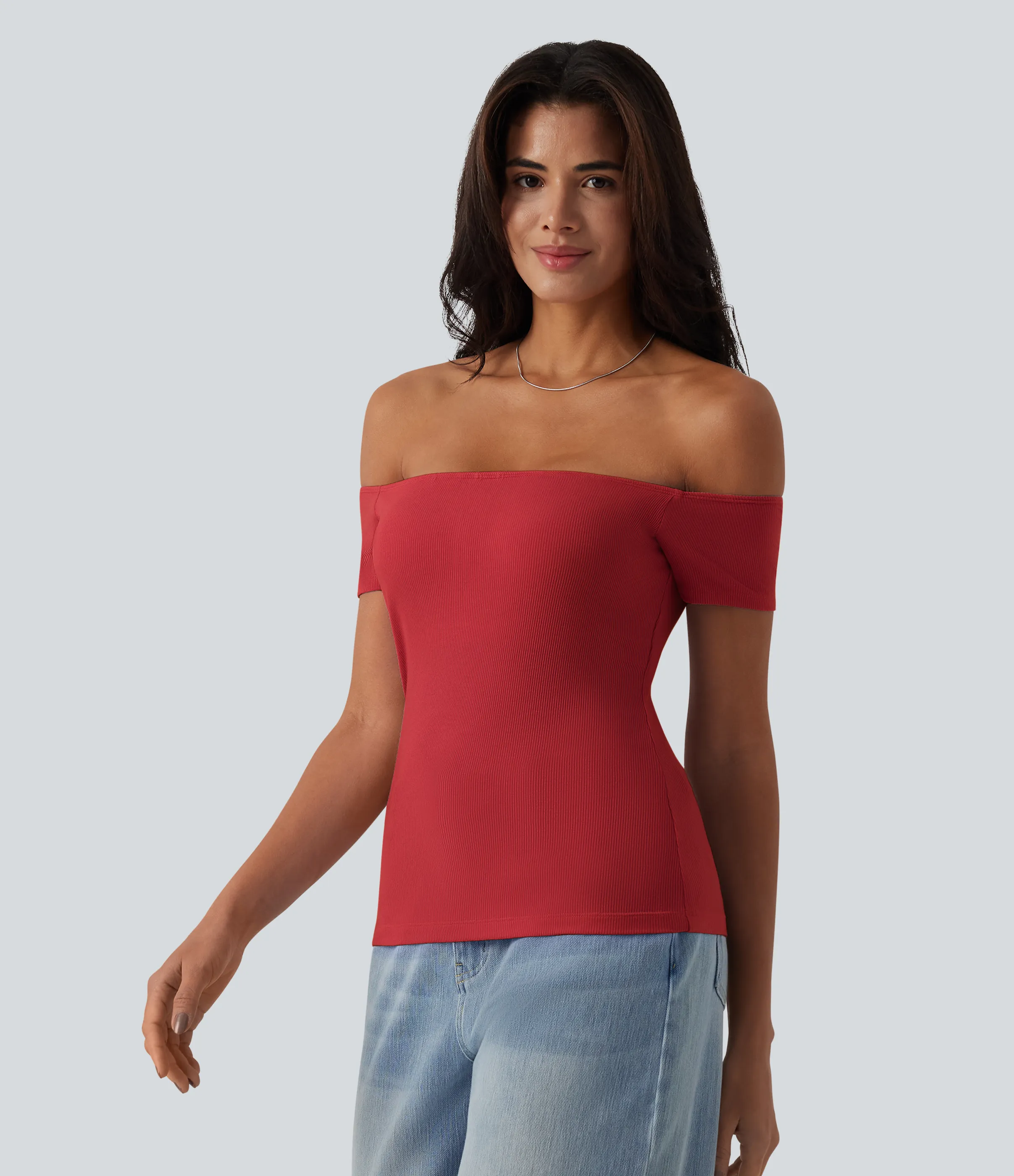 Halara Top informal 2 en 1 de punto acanalado con hombros descubiertos de manga corta y espalda descubierta - Samba - S sold by Halara product image thumbnail 3