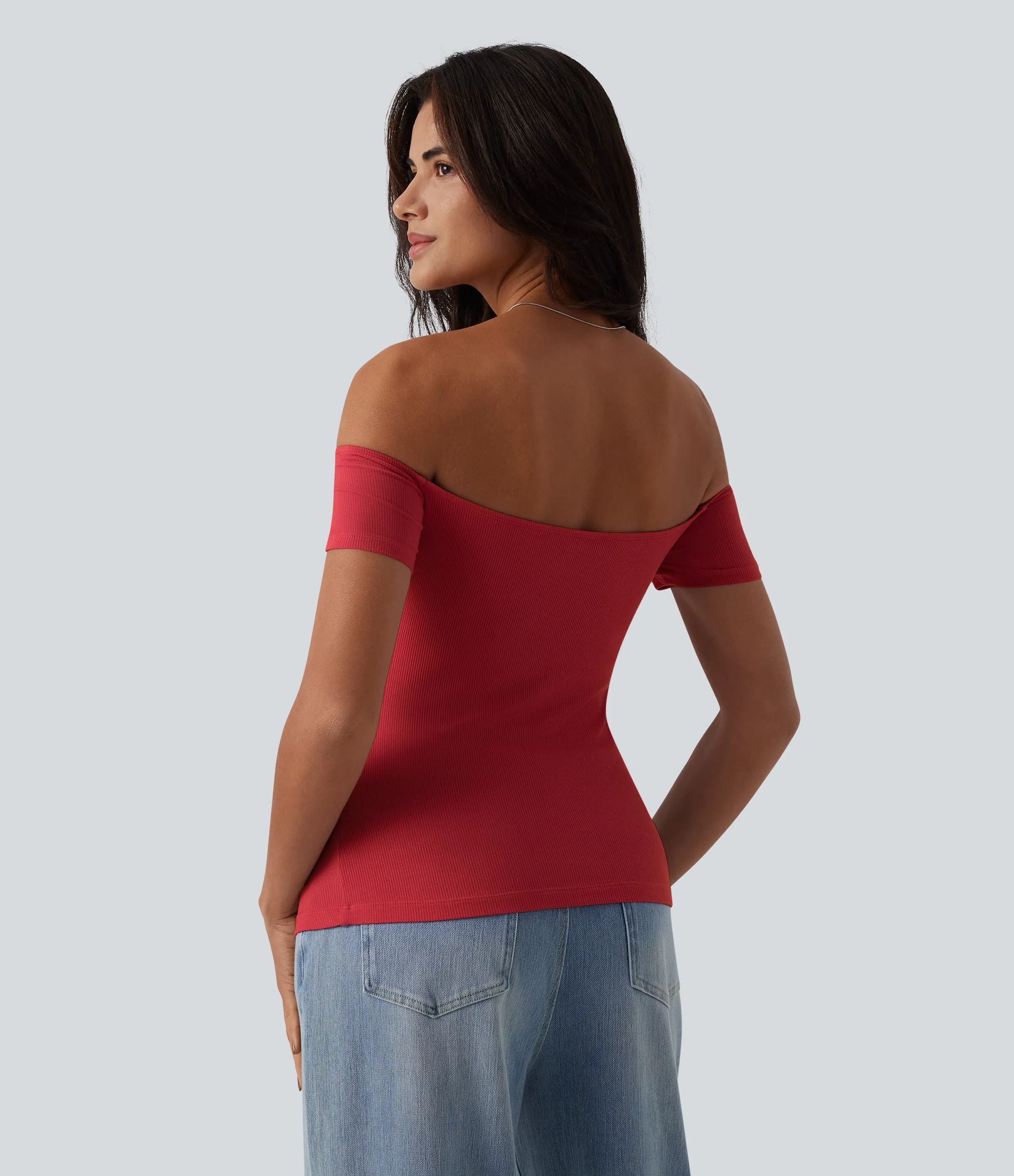 Halara Top informal 2 en 1 de punto acanalado con hombros descubiertos de manga corta y espalda descubierta - Samba - S sold by Halara product image thumbnail 4