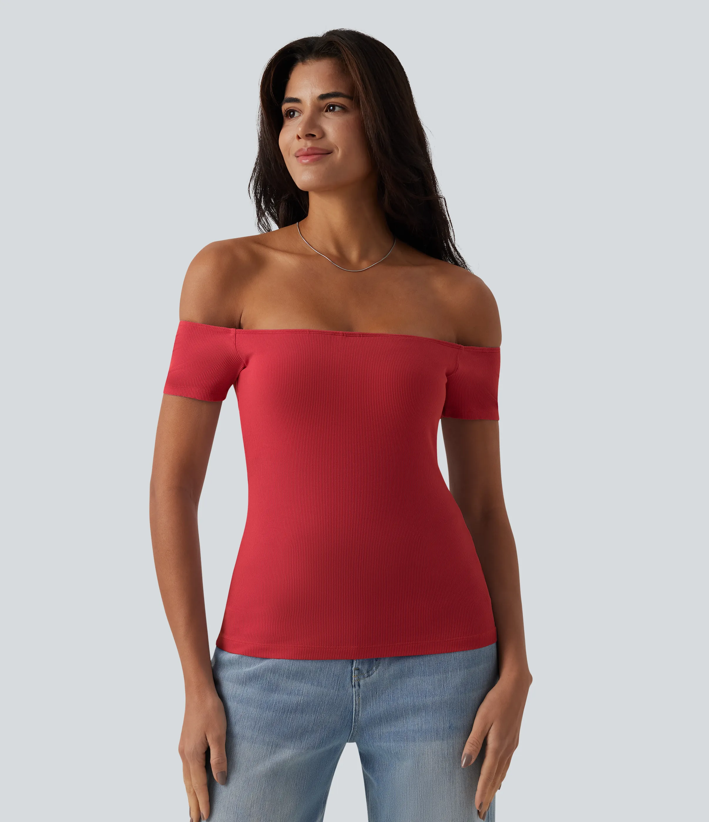 Halara Top informal 2 en 1 de punto acanalado con hombros descubiertos de manga corta y espalda descubierta - Samba - S sold by Halara product image thumbnail 5