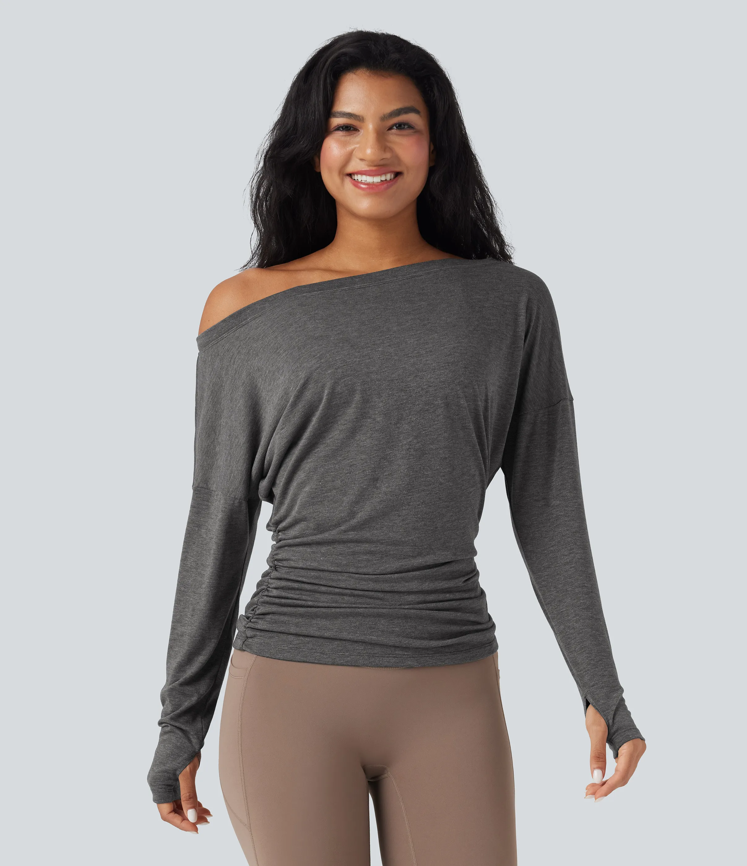 Halara Top deportivo de yoga fruncido con manga larga y un solo hombro con abertura para el pulgar - Mottled Dark Grey - S sold by Halara product image thumbnail 4