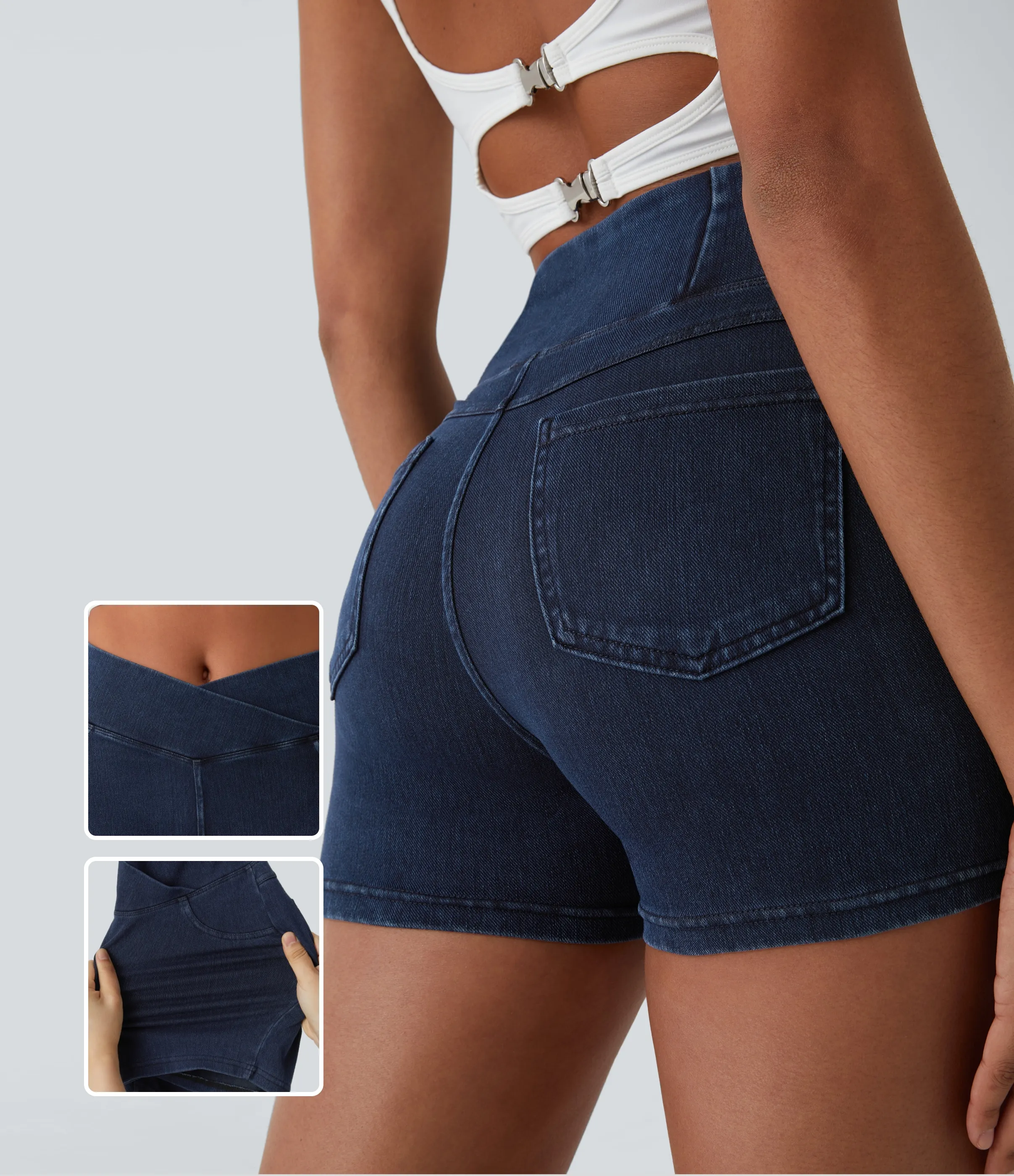 Halara Pantalón corto Halara Flex™ Denim elástico bolsillo lateral cruzado trasera tiro alto 7.5cm - Washed Denim Navy Blue - S sold by Halara product image thumbnail 2