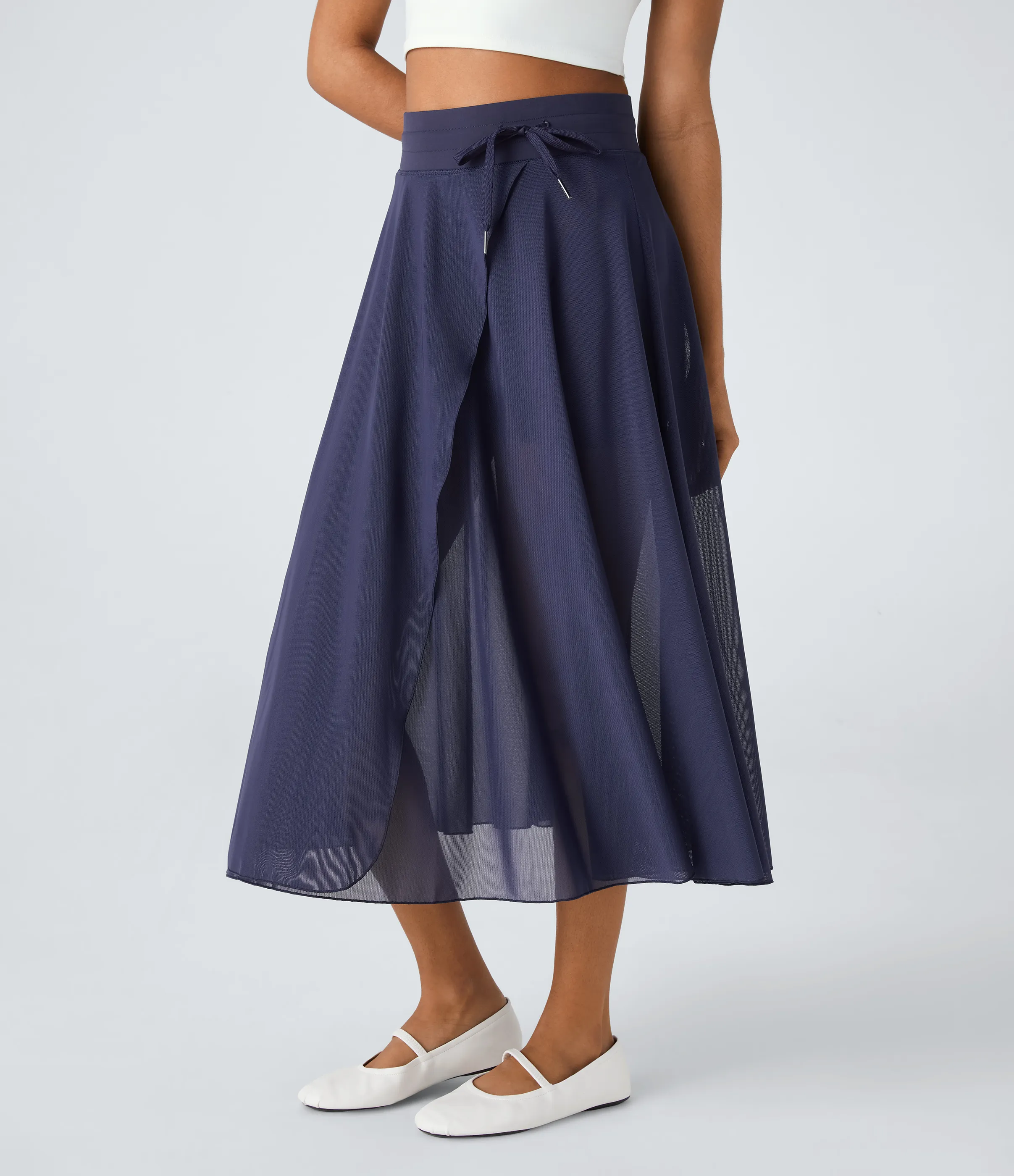Halara Falda midi casual 2 en 1 acampanada con bolsillo lateral de tiro alto con cordón y malla en contraste - Peacoat - M sold by Halara product image thumbnail 4