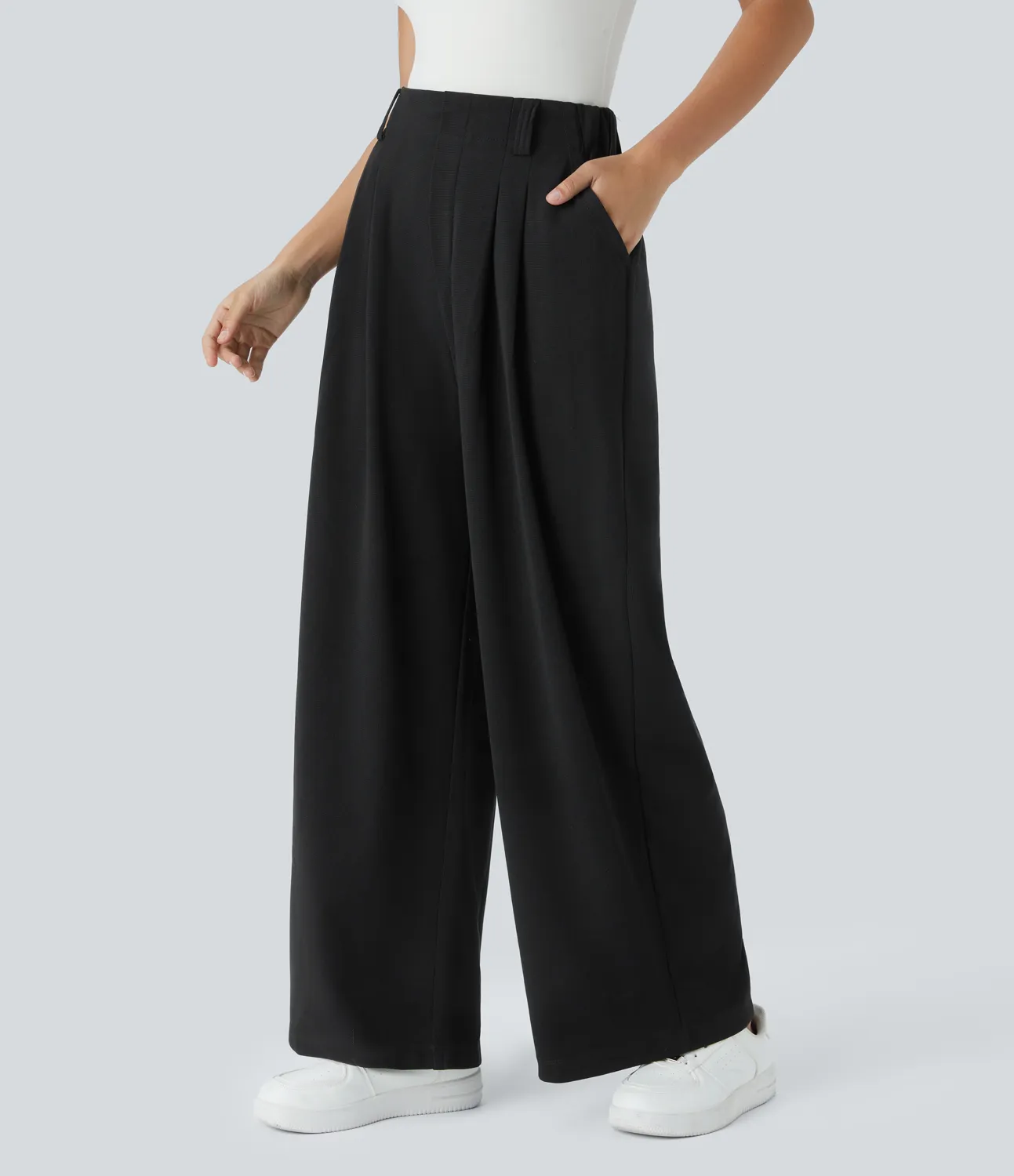 Halara Pantalones Halara Flex™ de oficina anchos plisados de tiro alto con bolsillos en tela tipo gofre - Black - S(regular) sold by Halara product image thumbnail 4